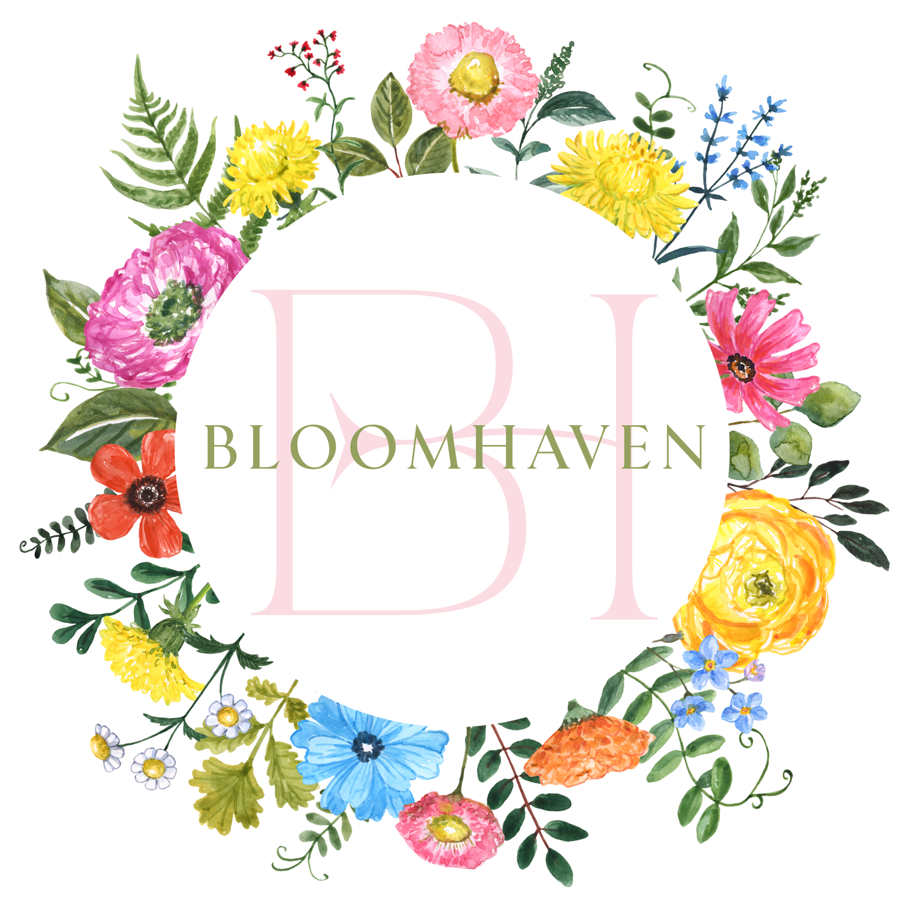 A colorful floral wreath surrounds a pink and purple logo with the word 'BLOOMHAVEN' written in green, featuring various flowers and leaves in bright colors.