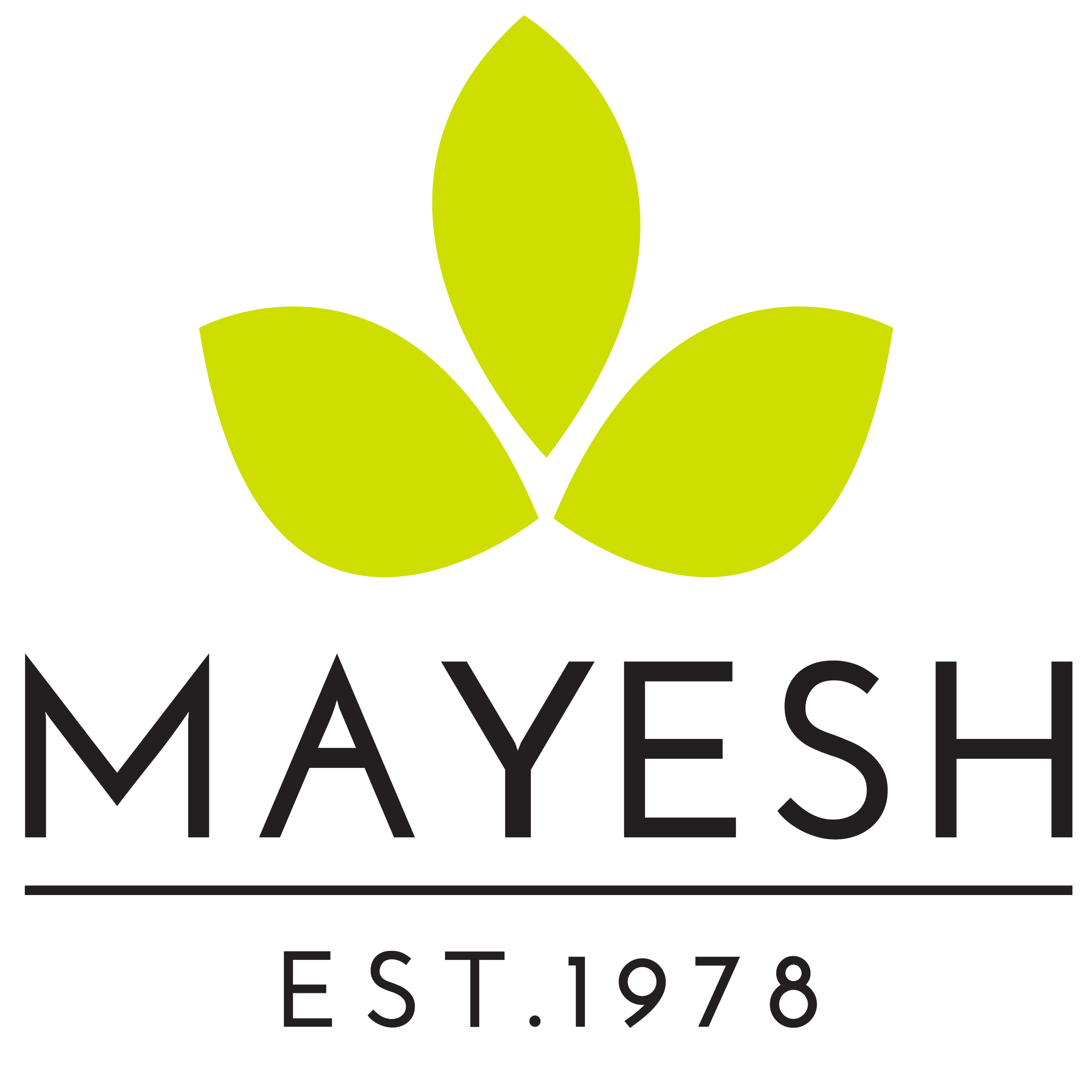 Logo for Mayesh, a company established in 1978, featuring three green leaves above the company name in black uppercase letters, and a thin line with 'EST. 1978' underneath.