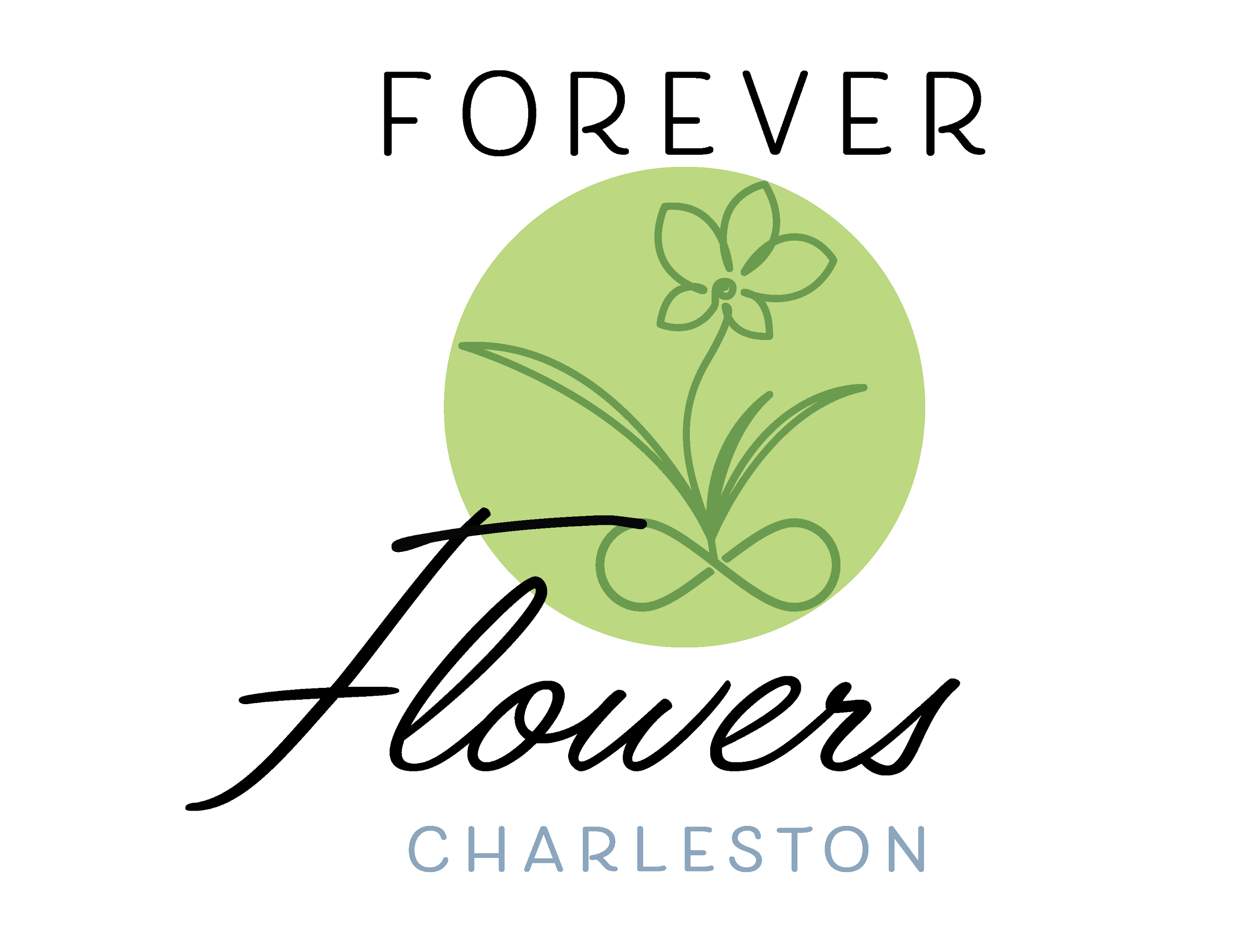 Logo for Forever Flowers Charleston, featuring a green circle with a line drawing of a flower, with the text "FOREVER" at the top, "flowers" in a cursive script across the middle, and "CHARLESTON" at the bottom.