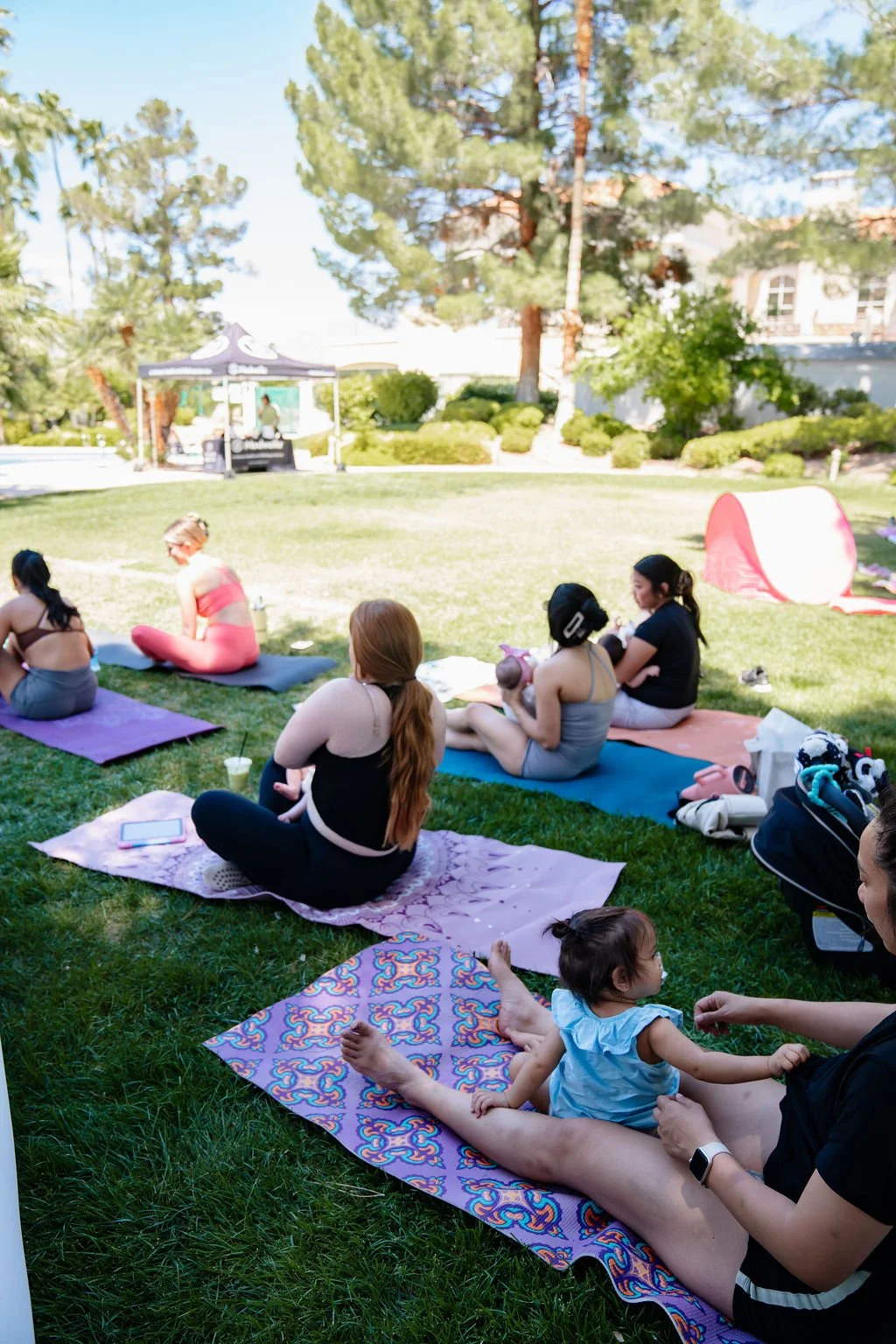 People participating in an outdoor yoga class on a grassy lawn on a sunny day, with trees and a small tent in the background.