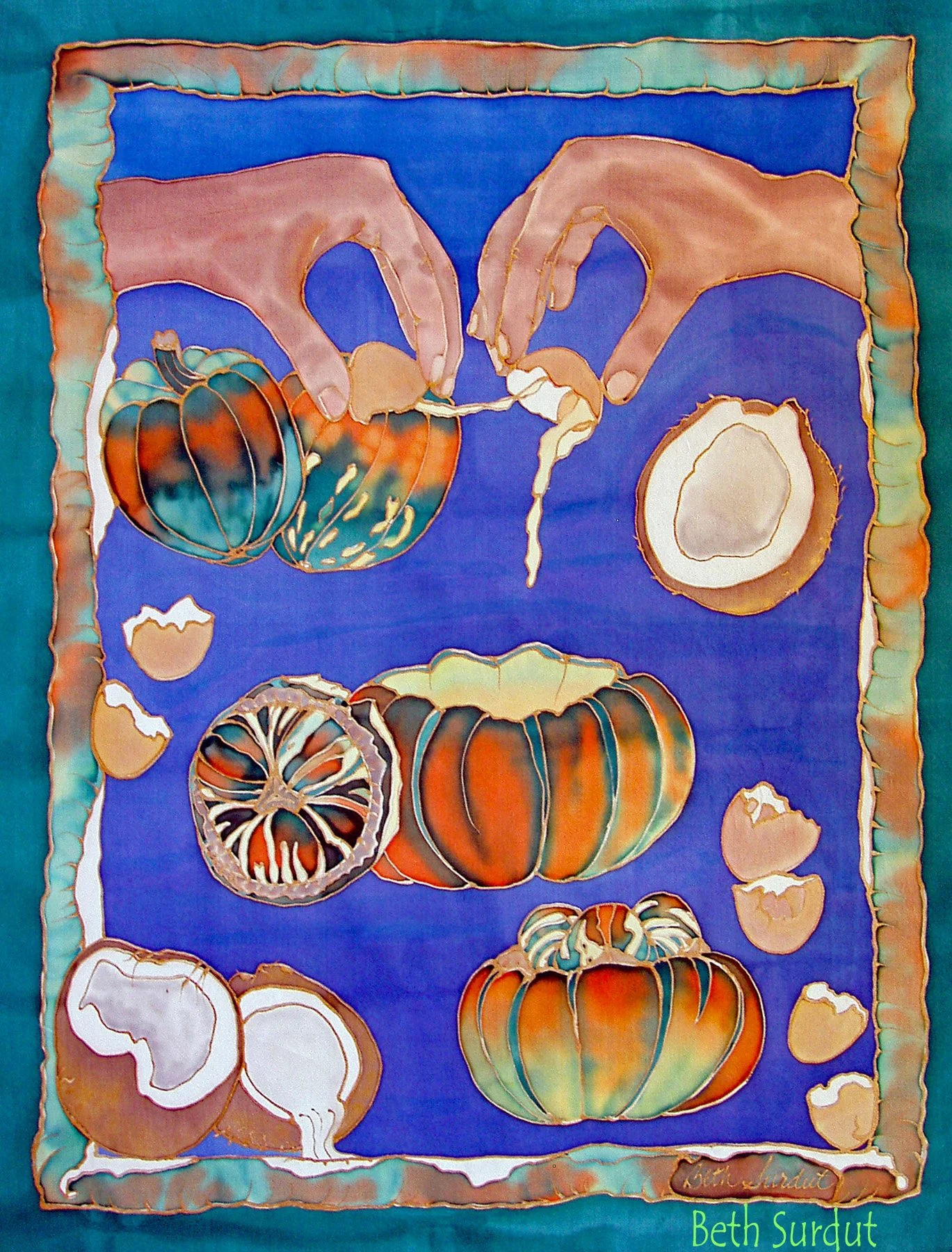 Image of Beth Surdut silk painting, "Succulent Squash Match"