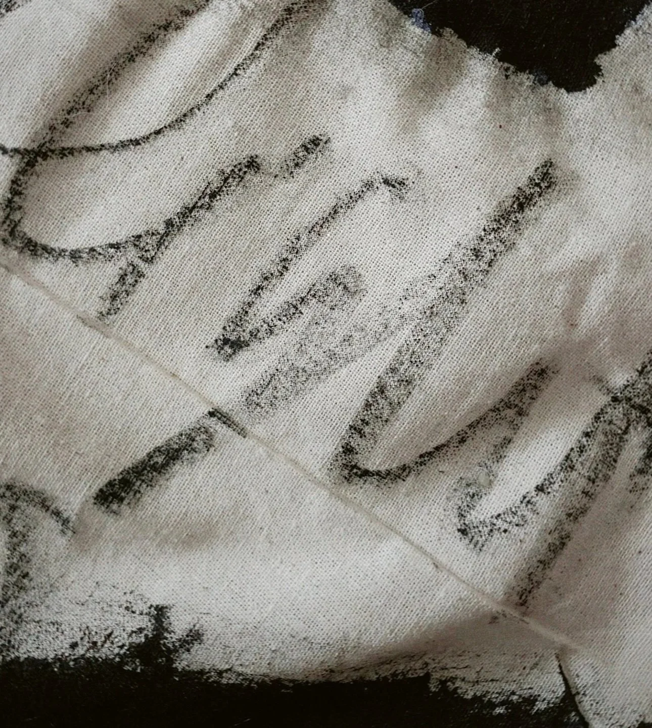 Texto impreso en tela de color claro con letras en negro, parcialmente visible y borroso.