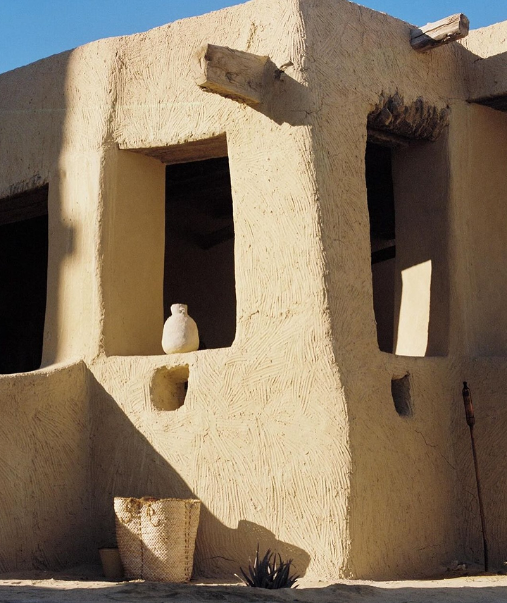 Edificio de adobe con ventanas y una jarra blanca en un balcón, sombra en la pared y un bastón a la derecha.