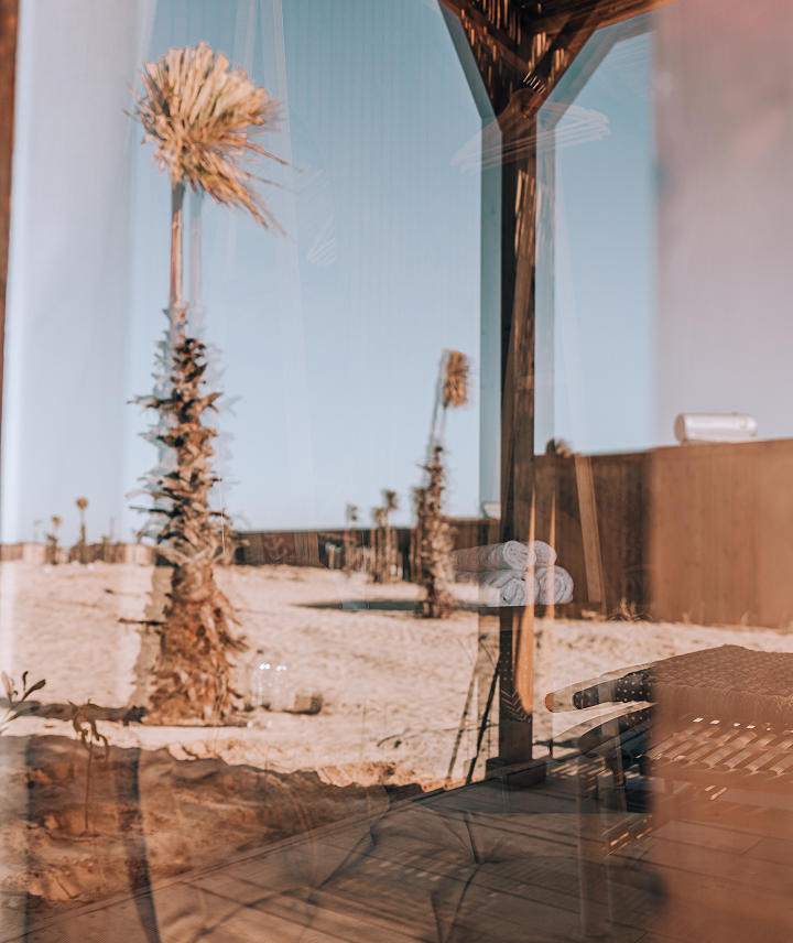Vista desde dentro de una estructura de madera con ventanas de vidrio, que refleja árboles secos y un cielo azul, además de una sala interior con mesa y sillón, y un interior rústico con paredes de madera.