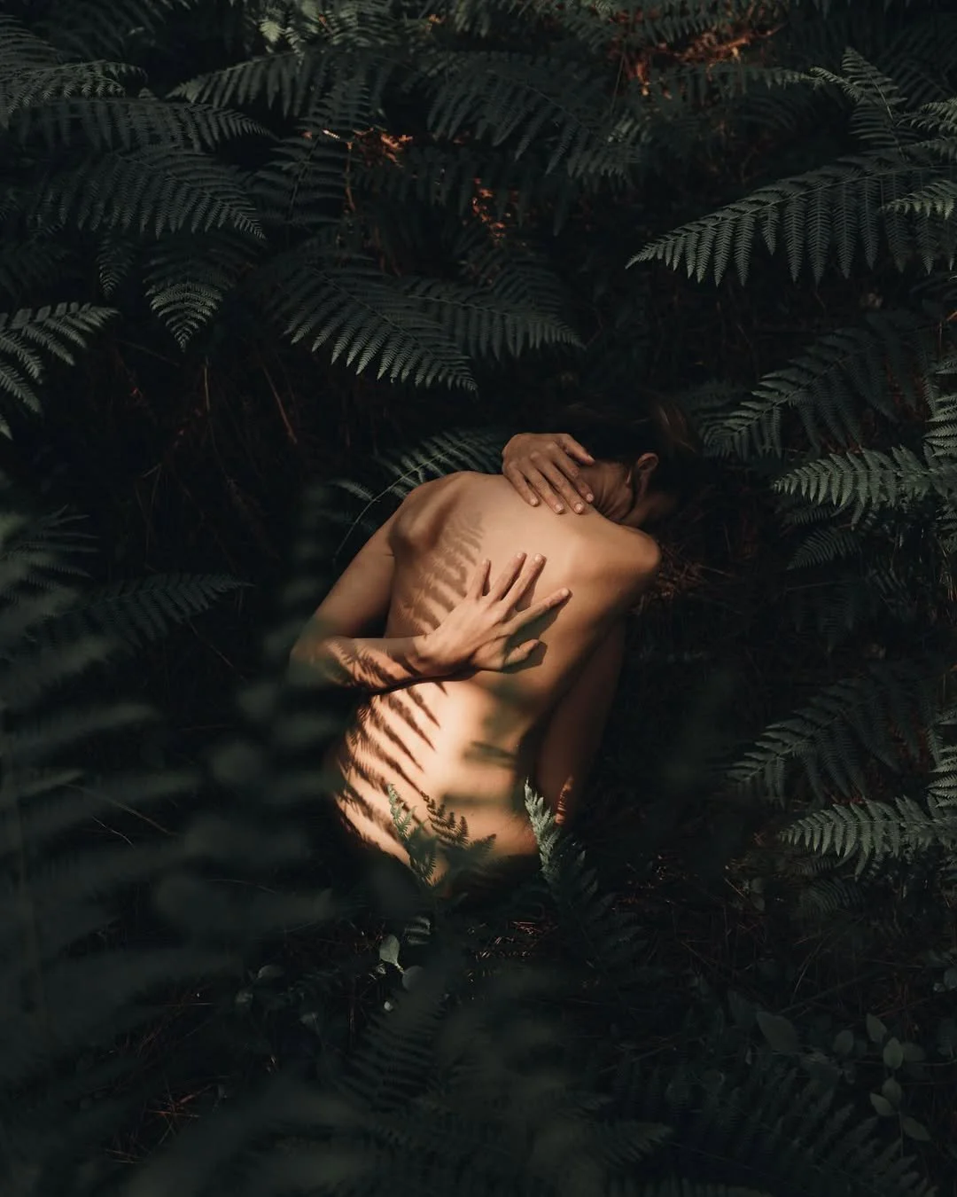 Una persona desnuda, acostada entre helechos oscuros, con sombras y luz suave que crea patrones en su piel, en un ambiente natural y misterioso.