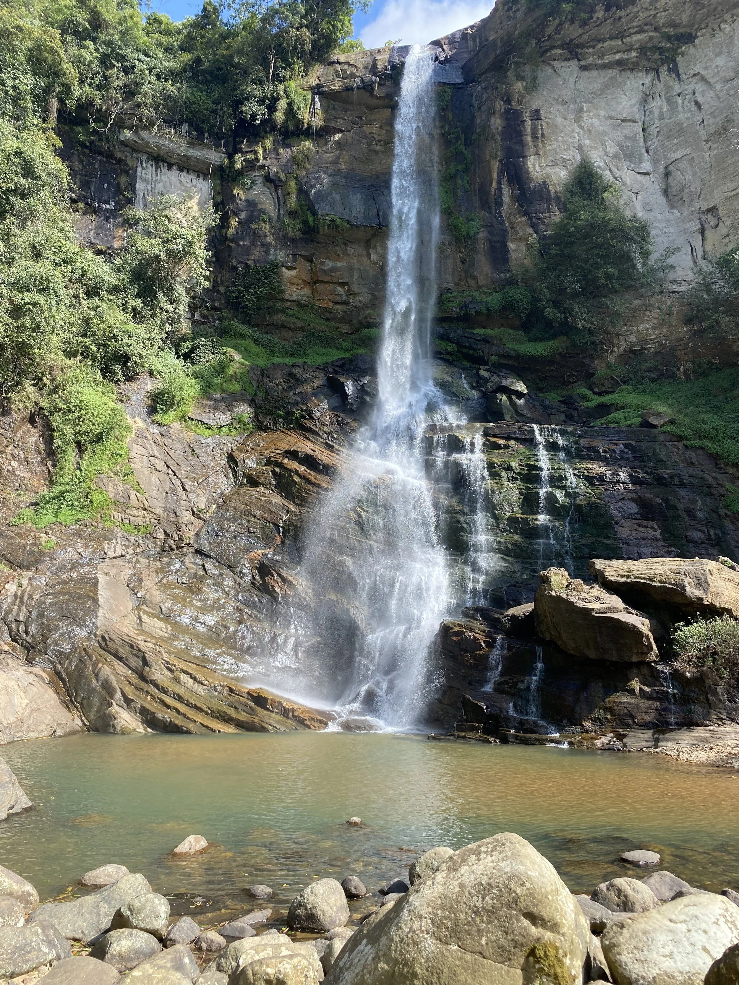 Cascada en un paisaje natural rodeada de rocas, árboles y vegetación