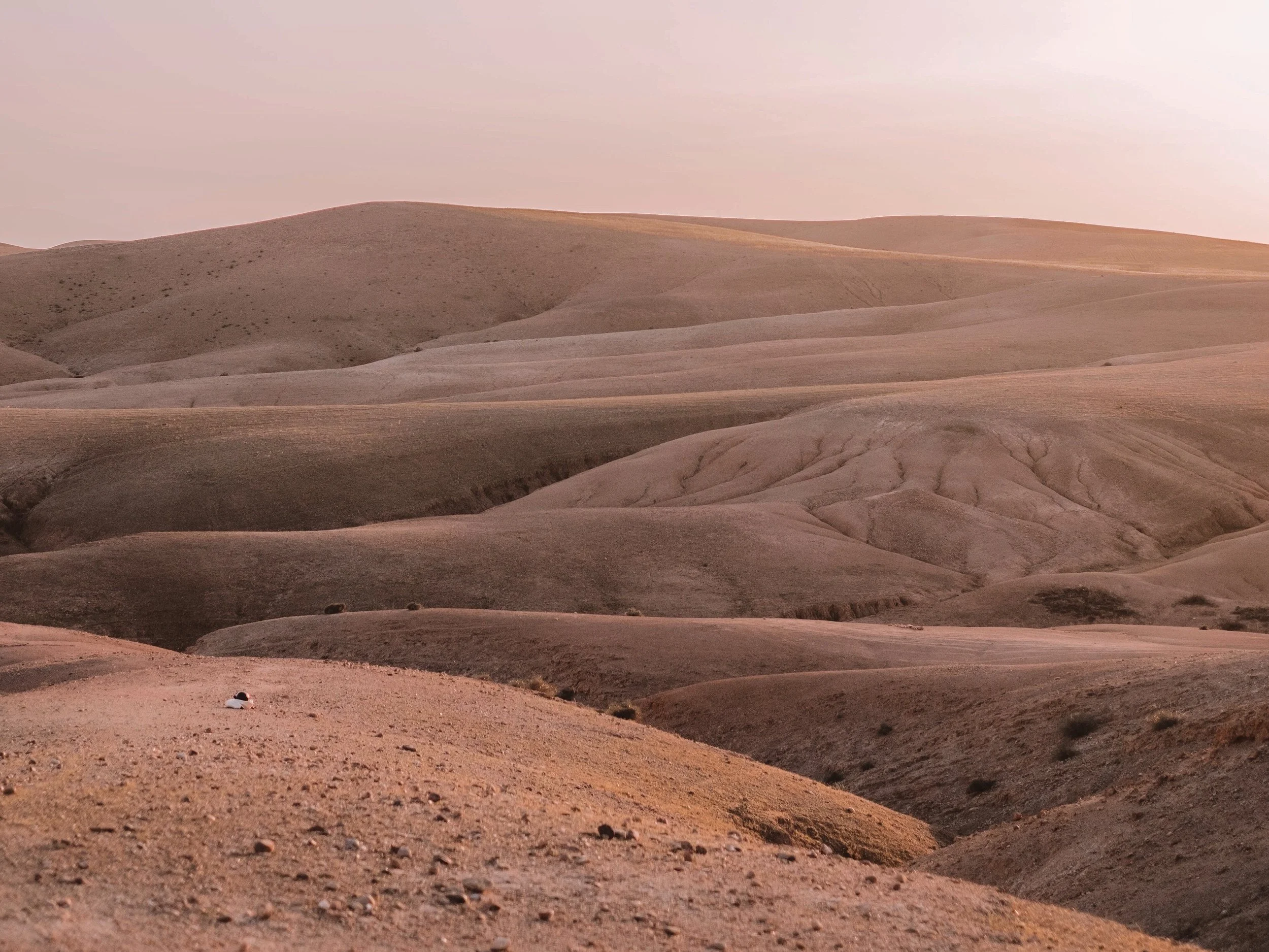 Paisajes de colinas desérticas en tonos marrones y rosados, bajo un cielo claro