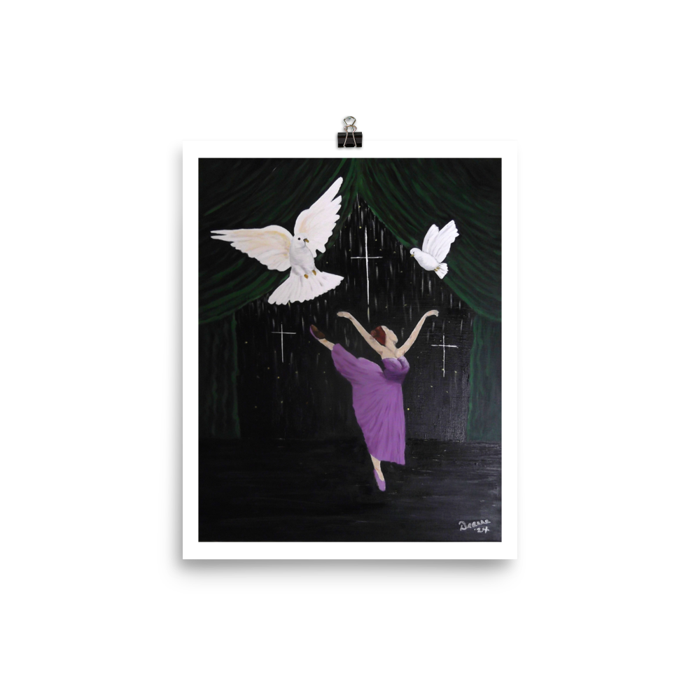 A woman in a purple dress on stage with green curtains, dancing with two white doves flying around her.