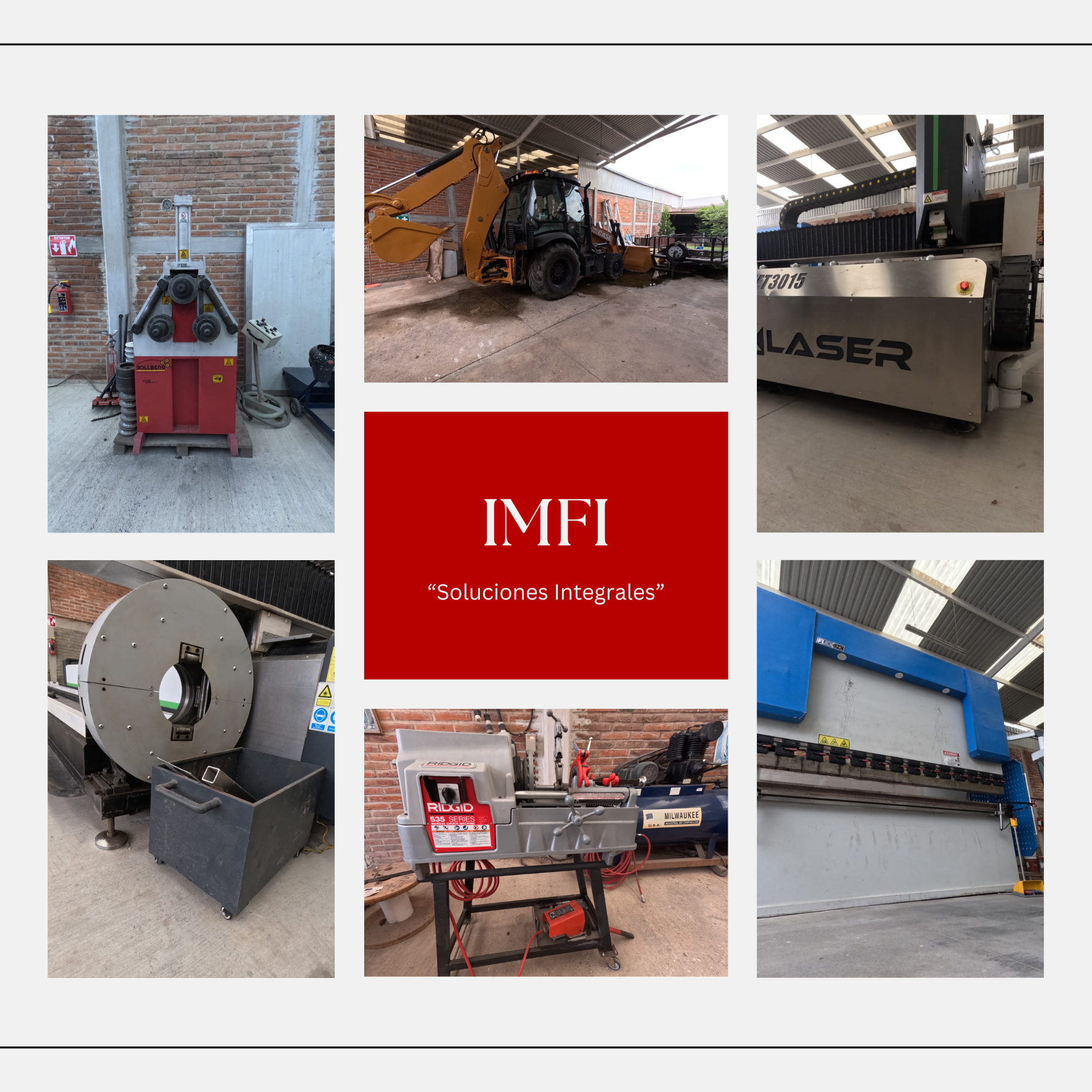 Collage de máquinas industriales y de construcción, centro con texto en fondo rojo que dice 'IMFI' y 'Soluciones Integrales' en comillas. Máquina de engranes, excavadora, cortadora láser, equipo de industria pesada, bobina de metal, equipo de soldadura y máquina de plegado de metal.