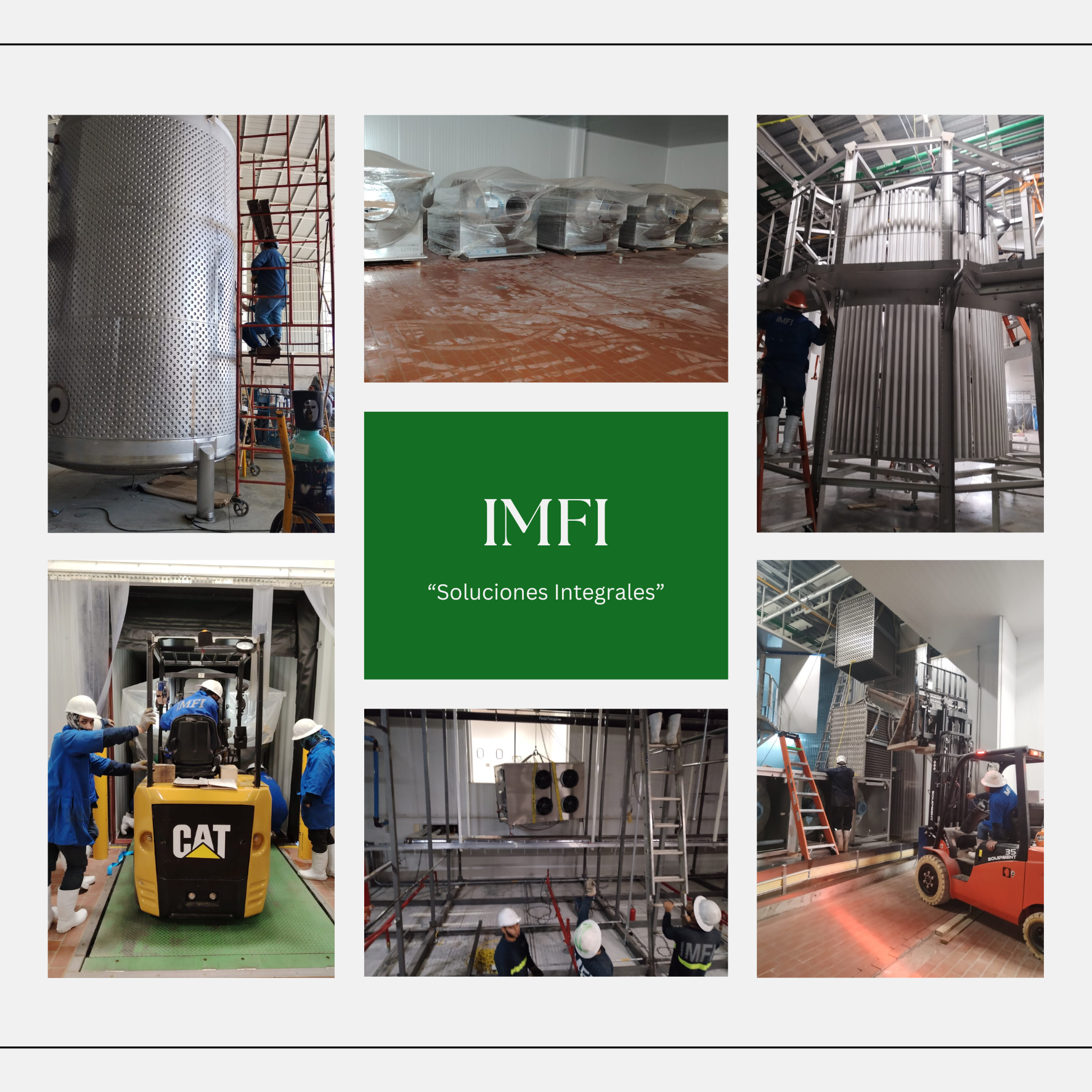 Collage de fotos de trabajadores en una planta industrial, con equipo de protección personal, maquinaria y estructura metálica. En el centro, cartel verde con texto 'IMFI Soluciones Integrales'.