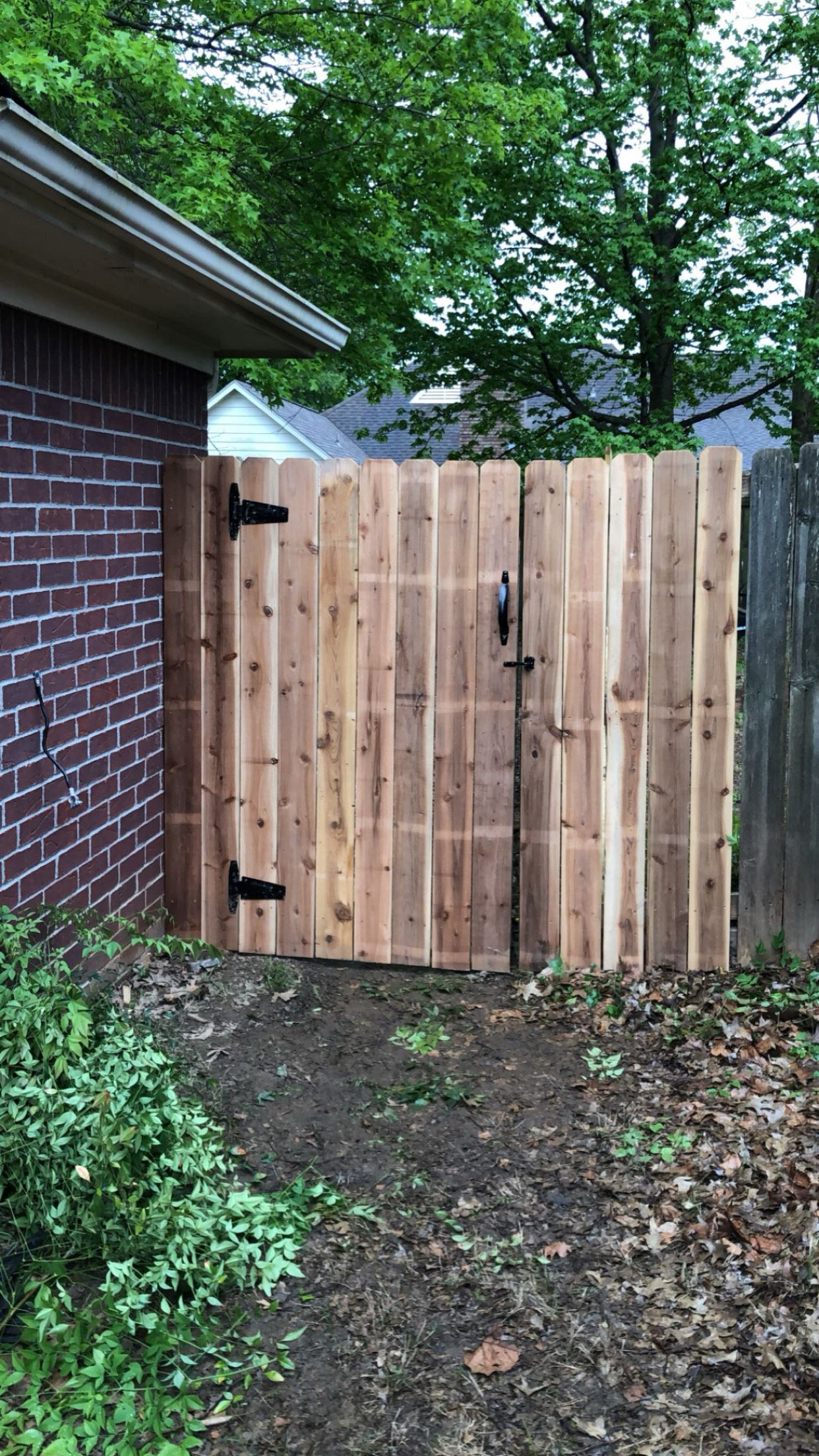 Custom cedar gate. Customer wanted the gate to follow ground path, so there is a rise to the right.