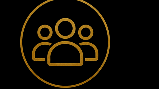 Gold icon of three people inside a circle on a black background.