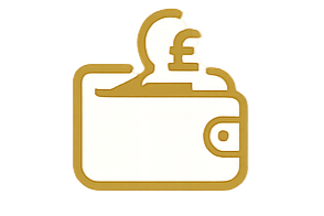 Digital illustration of a wallet with a pound sterling coin on top.