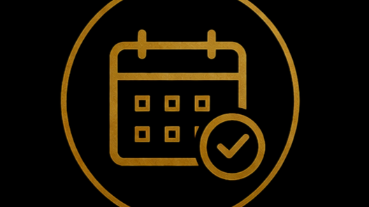 Gold calendar icon with a checkmark inside a circle on a black background.