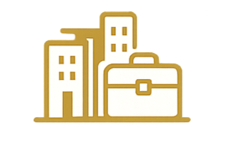Illustration of a briefcase and a city skyline with tall buildings.