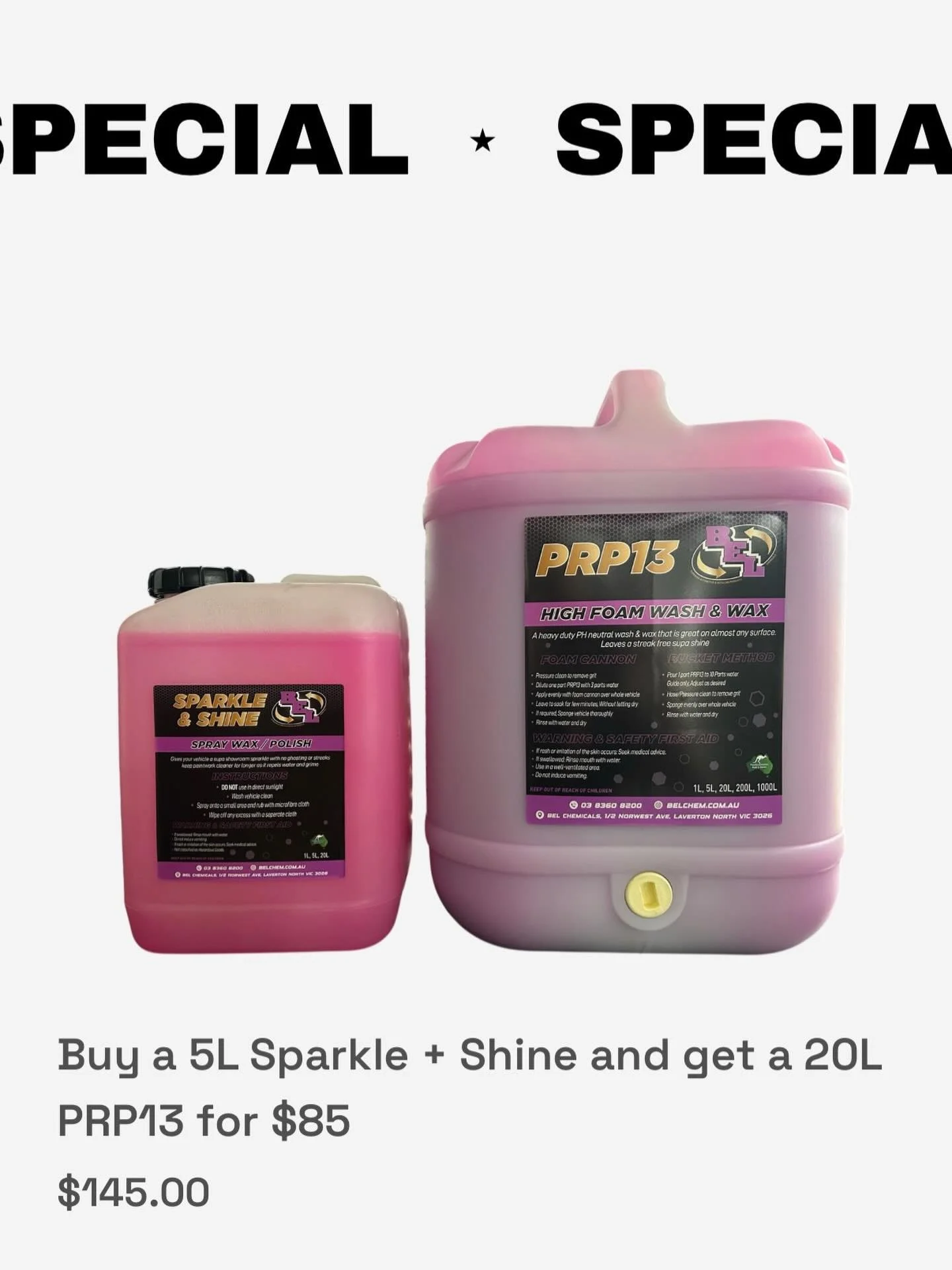 BUY A 5L SPARKLE + SHINE AND GET A 20L PRP13 for $85

$145 + GST

Website link in bio
✨✨
