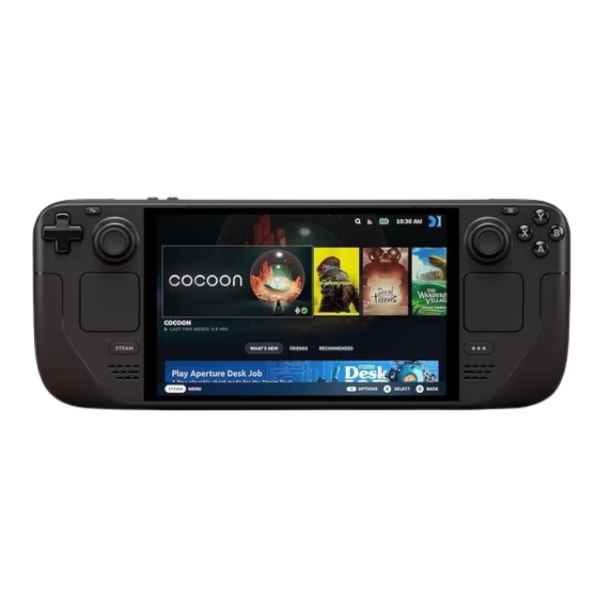 A handheld gaming device with a screen displaying a digital storefront for video games, with various game titles and options visible.