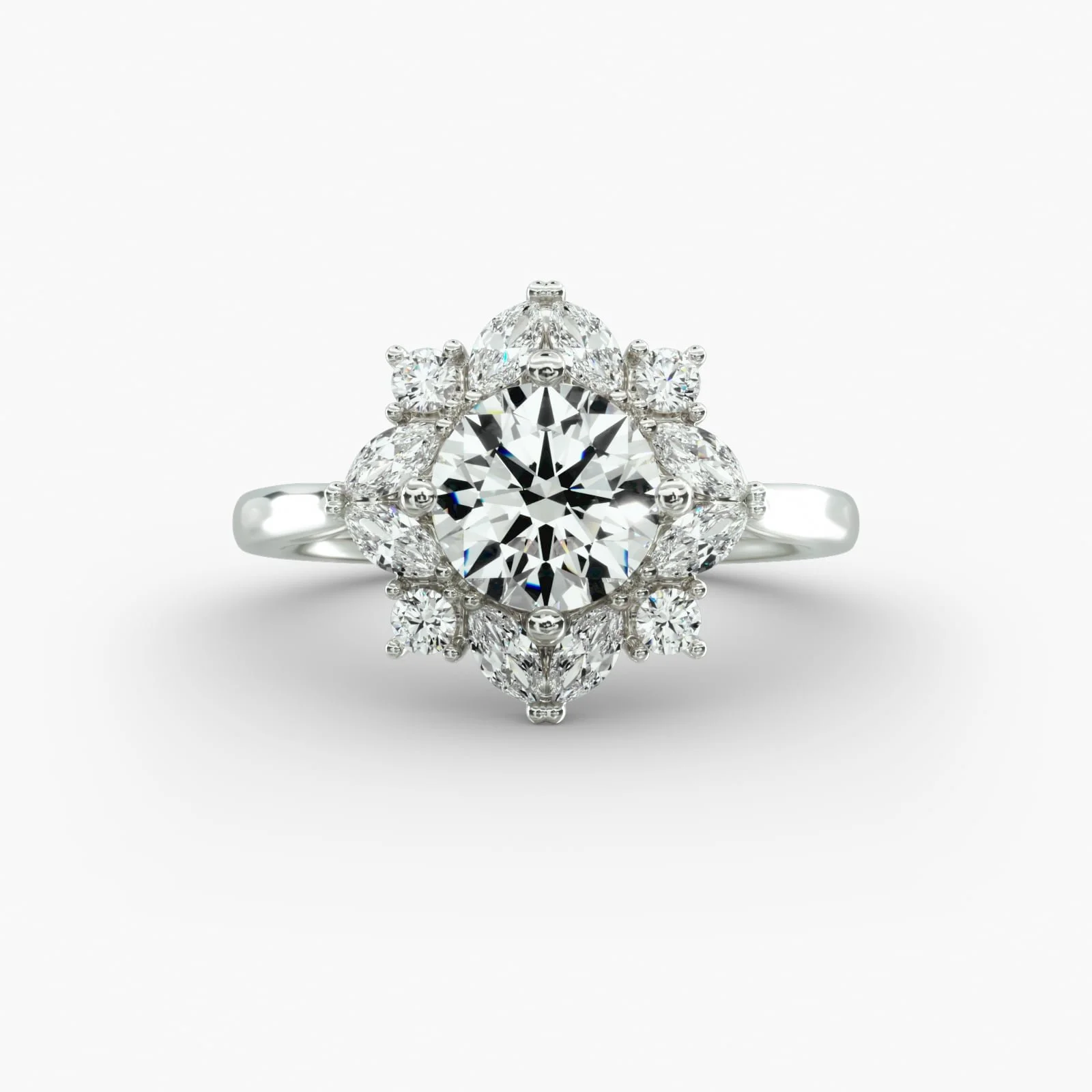 Elegant silver ring with a large central diamond surrounded by smaller diamonds, set against a plain white background.