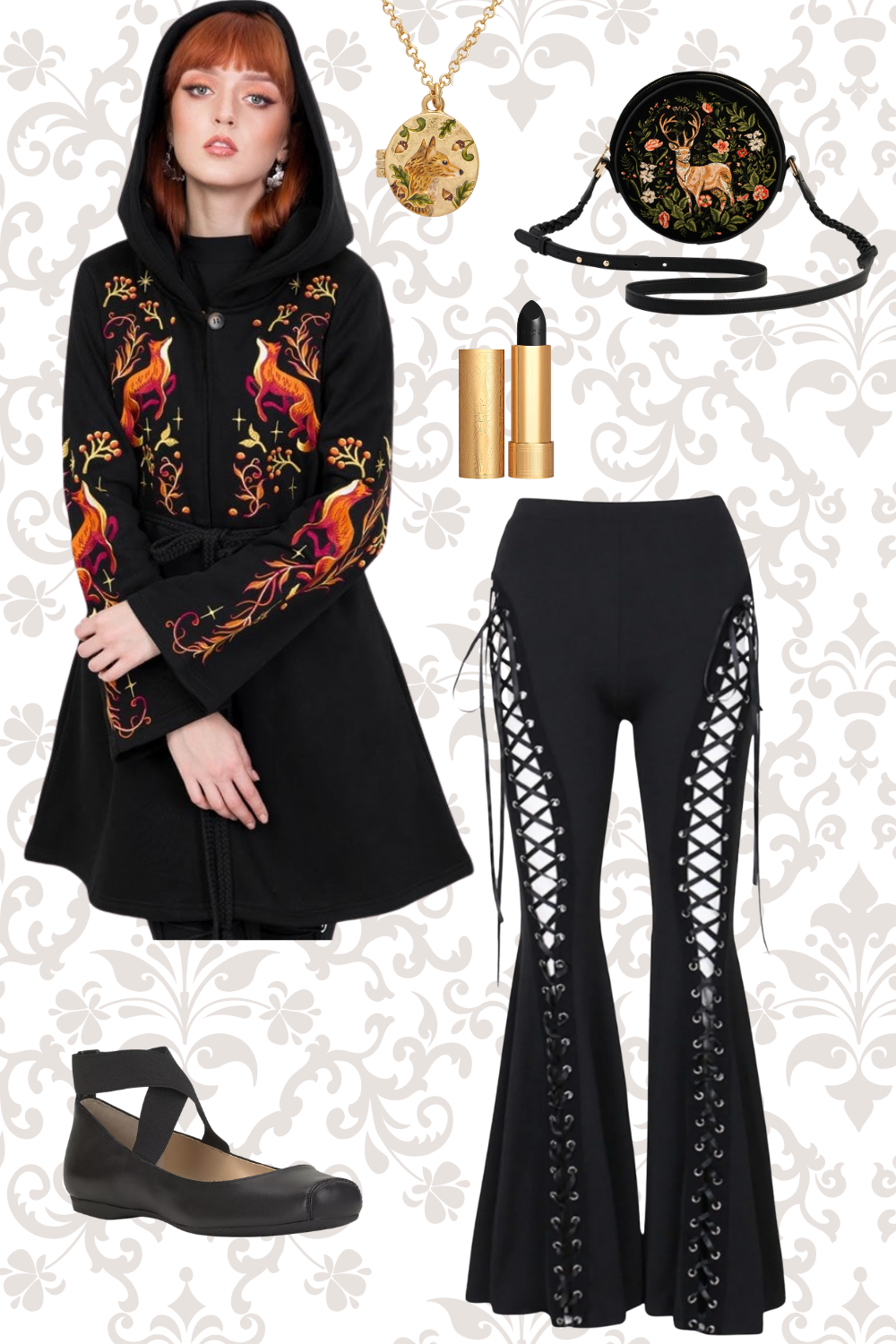 A fashion ensemble featuring a black hoodie with colorful embroidered unicorns and gold stars, matching black pants with lace-up sides, black ballet flats, a black round bag with a floral and deer embroidery, a gold necklace with a fox pendant, and gold lipstick tube.