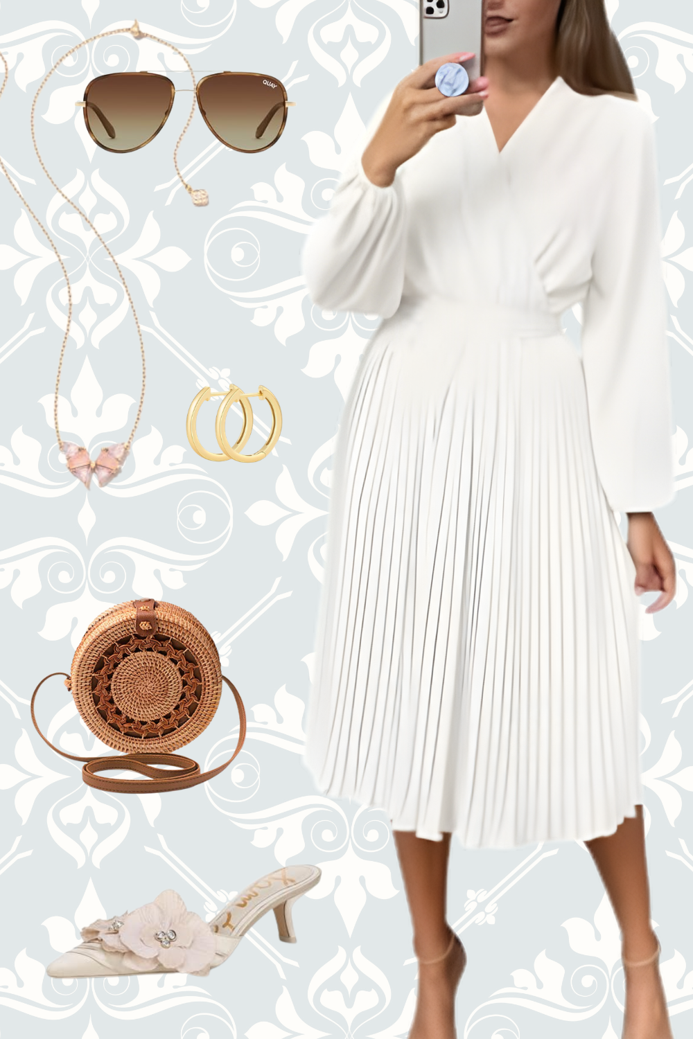 A woman wearing a white pleated dress taking a mirror selfie, with accessories including sunglasses, earrings, necklace, handbag, and shoe displayed around her.