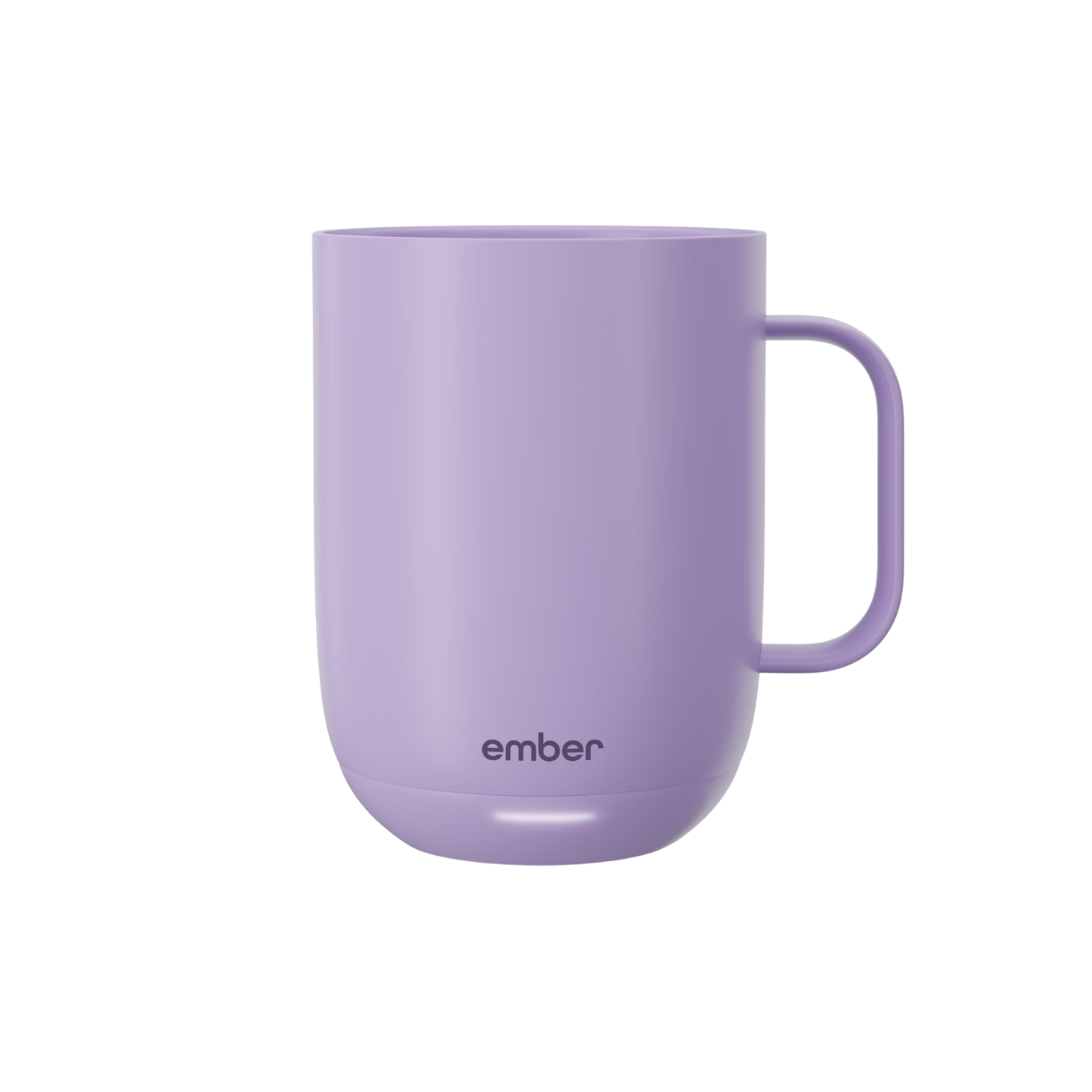 A light purple ceramic mug with the word 'ember' printed near the bottom, positioned in front of a black background.