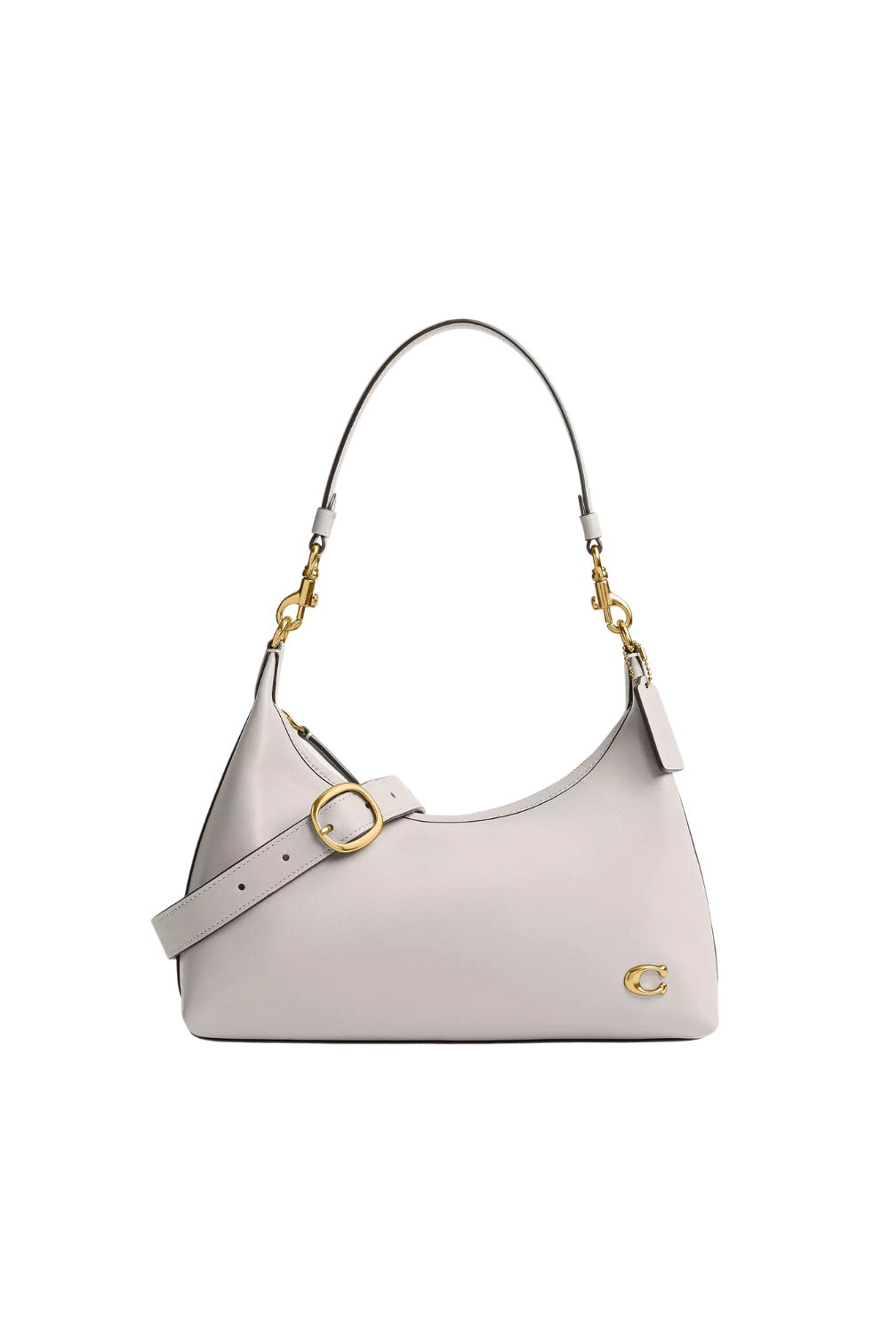 White leather handbag with a gold ring buckle and gold hardware accents.