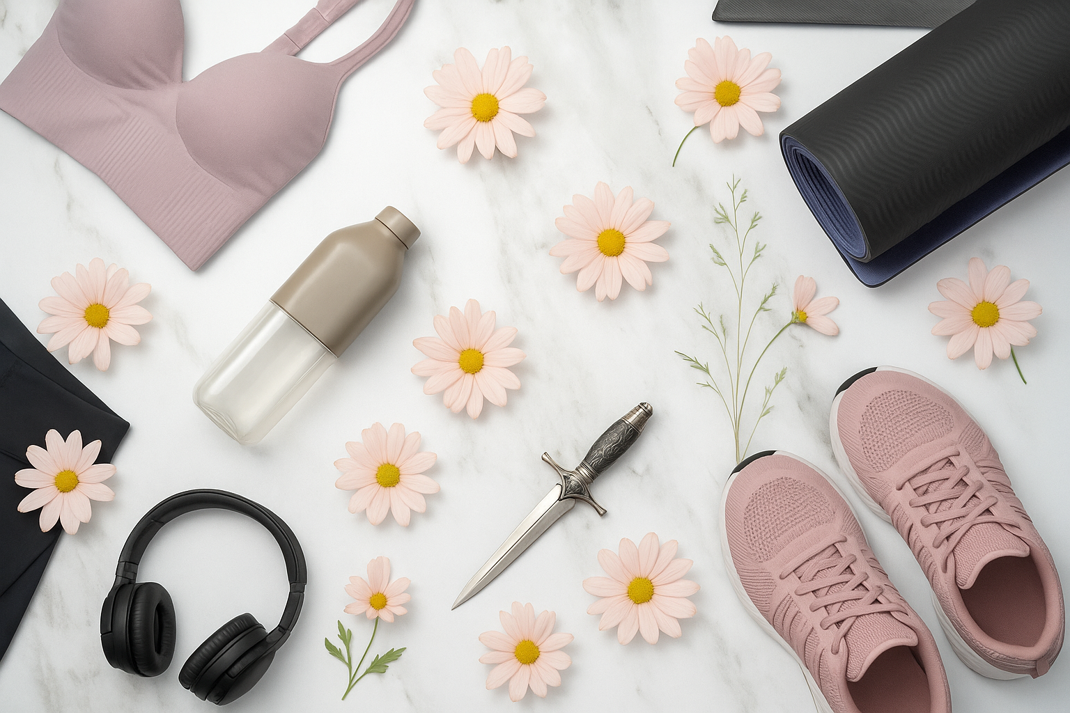 Flat lay of pink athletic shoes, a pink sports bra, a reusable water bottle, a pair of black headphones, a black yoga mat, a rolled-up black yoga mat, pink daisies, and a small decorative dagger on a white marble background.
