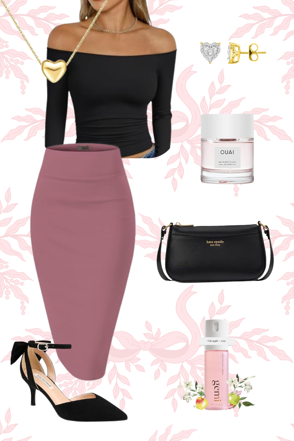 A fashion collage featuring a black off-the-shoulder top, pink pencil skirt, black high heels with ankle bows, and an array of accessories including a gold heart necklace, diamond and gold earrings, a black Kate Spade handbag, a perfume bottle labeled "OUAI Melrose Place," and a pink spray bottle of Gennie rose perfume with floral decoration, set against a pink floral background.