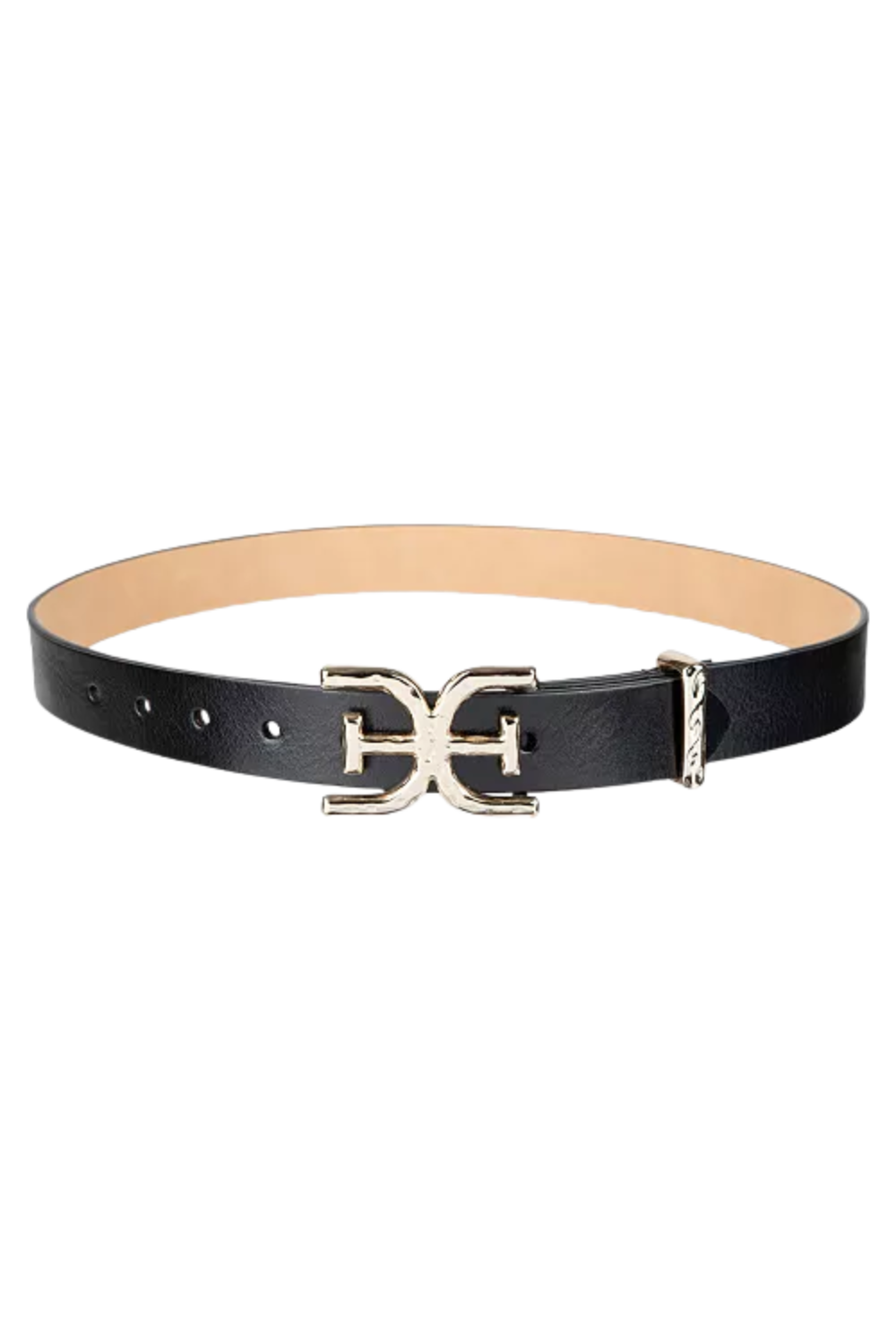 A black leather belt with a silver double-H buckle.