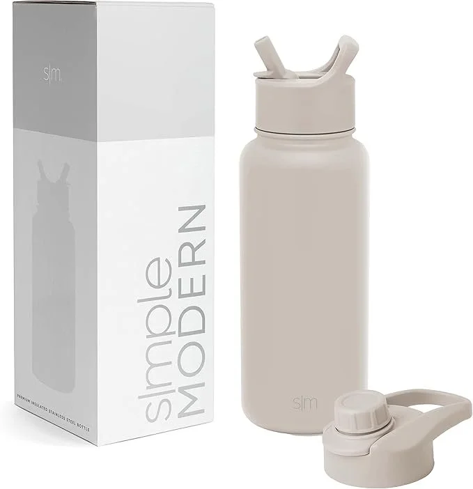 A beige stainless steel water bottle with a removable straw cap next to a white box labeled "SIMPLE MODERN" and an illustration of the bottle.