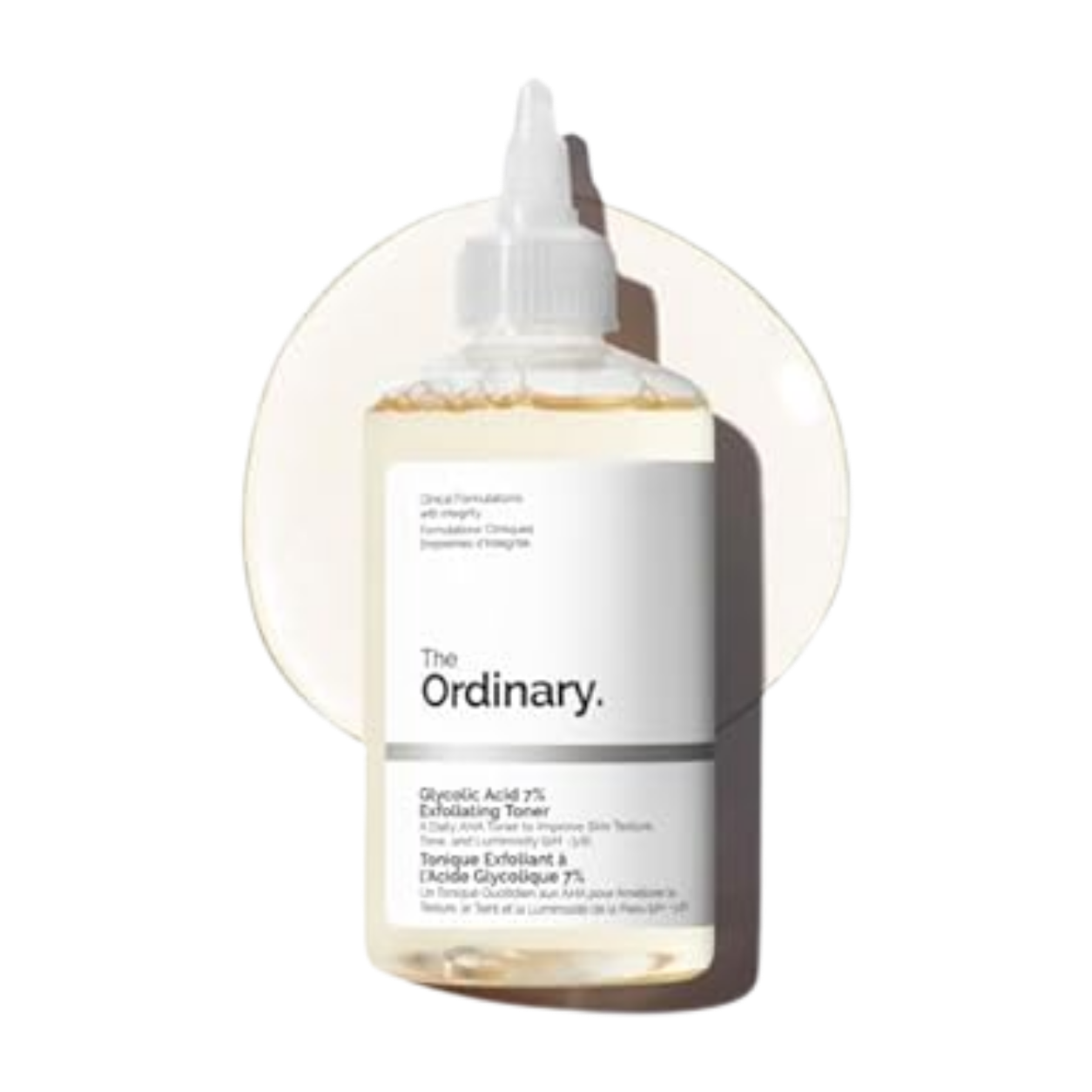 A bottle of The Ordinary Glycolic Acid 7% Exfoliating Toner with a white label and black text, featuring a small amount of liquid visible inside.