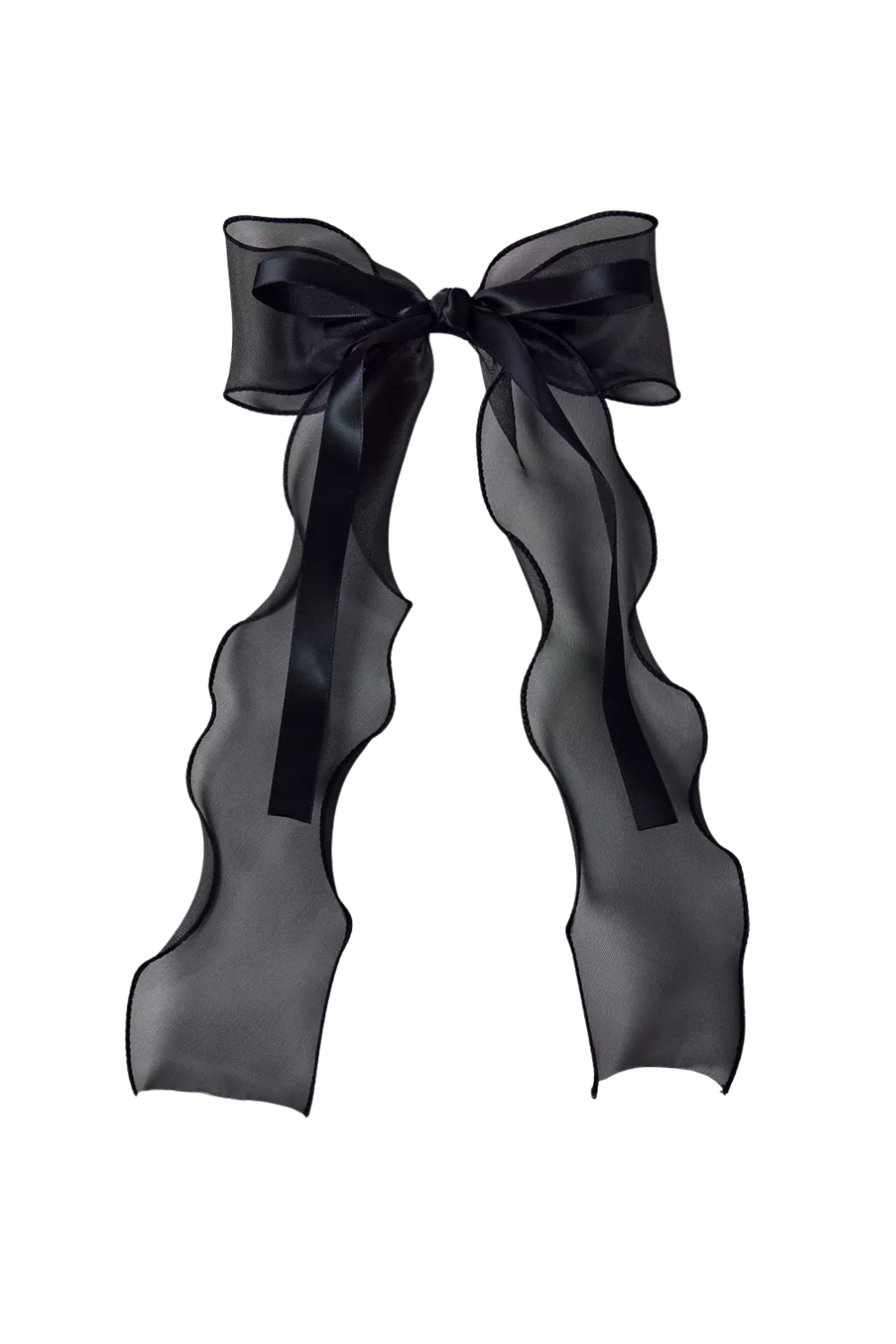 A decorative sheer black ribbon with wavy edges, tied into a bow at the top, with long trailing ends.
