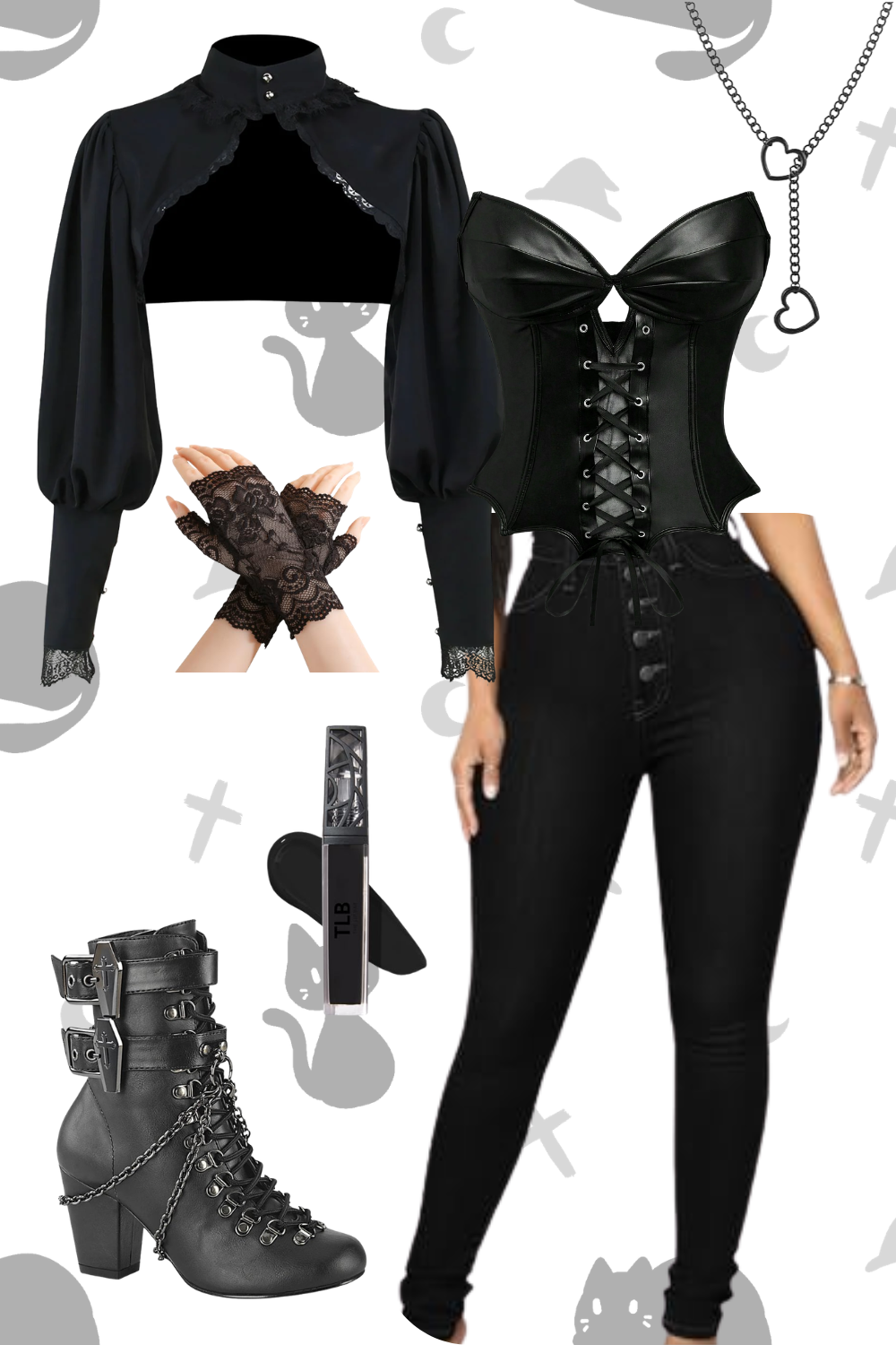Black gothic fashion outfit including a black cropped jacket with lace details, a black corset top, black lace gloves, black high-heeled ankle boots with chains, a black necklace with heart charms, and a black vape device.