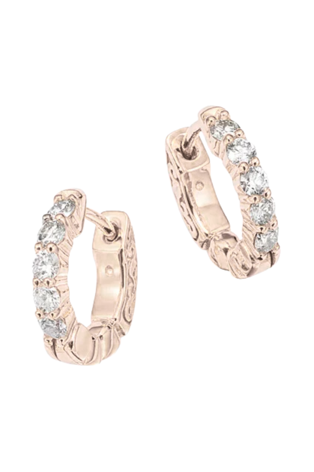 Rose gold hoop earrings with embedded clear gemstones.