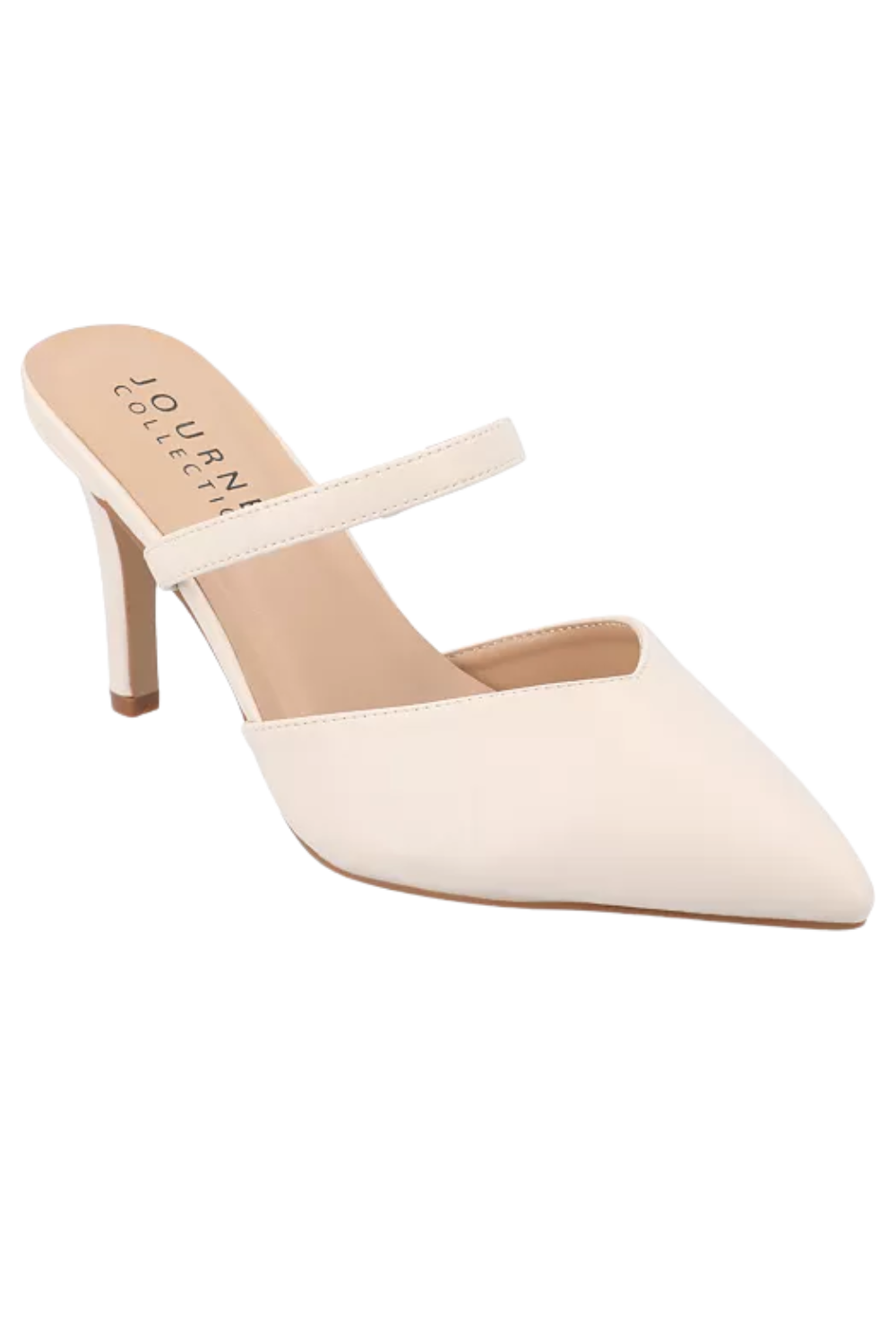 A white high-heeled mule shoe with a pointed toe and strap over the instep, viewed from the side.