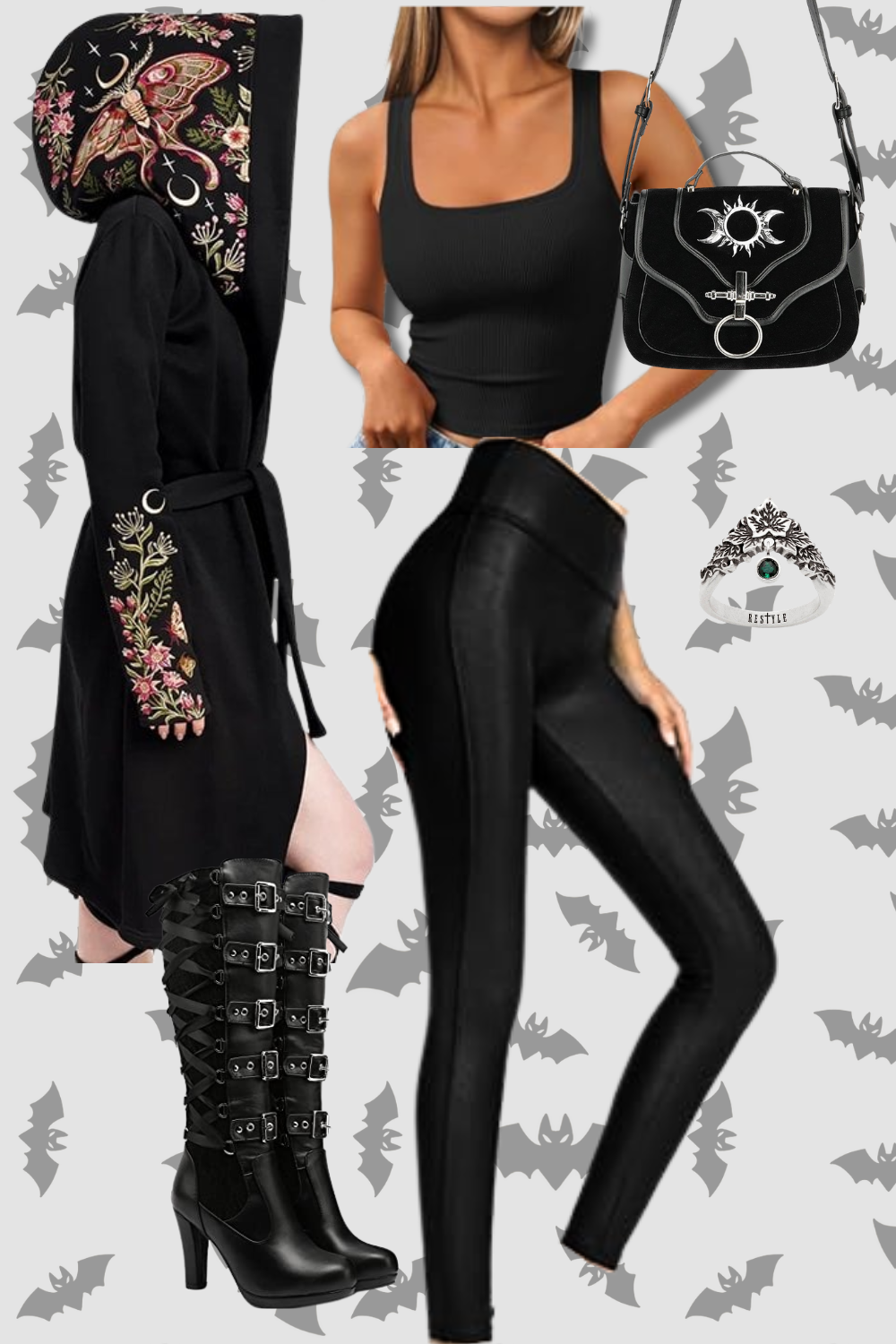 Halloween-themed fashion collage with a woman in gothic attire, black embroidered robe with floral and moon motifs, thigh-high black boots with buckles, black top, and black bags with celestial designs; background features gray bats.