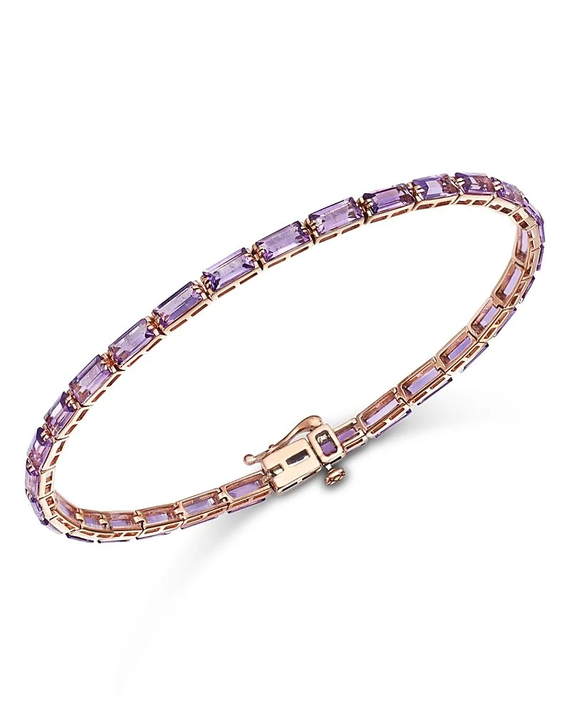 A gold bracelet with purple rectangular gemstones and a box clasp design.