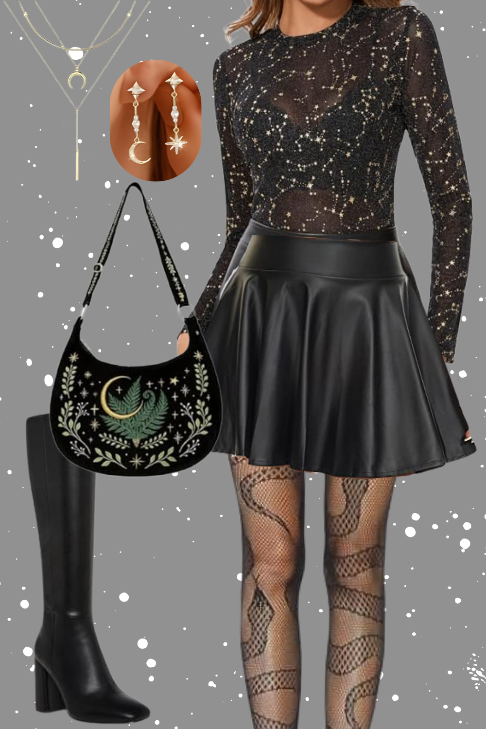 Fashion outfit featuring a black long-sleeve top with star-like embellishments, a black leather skirt, fishnet tights with a snake pattern, a black handbag with celestial embroidery, black knee-high boots, layered necklaces, and celestial-themed earrings.