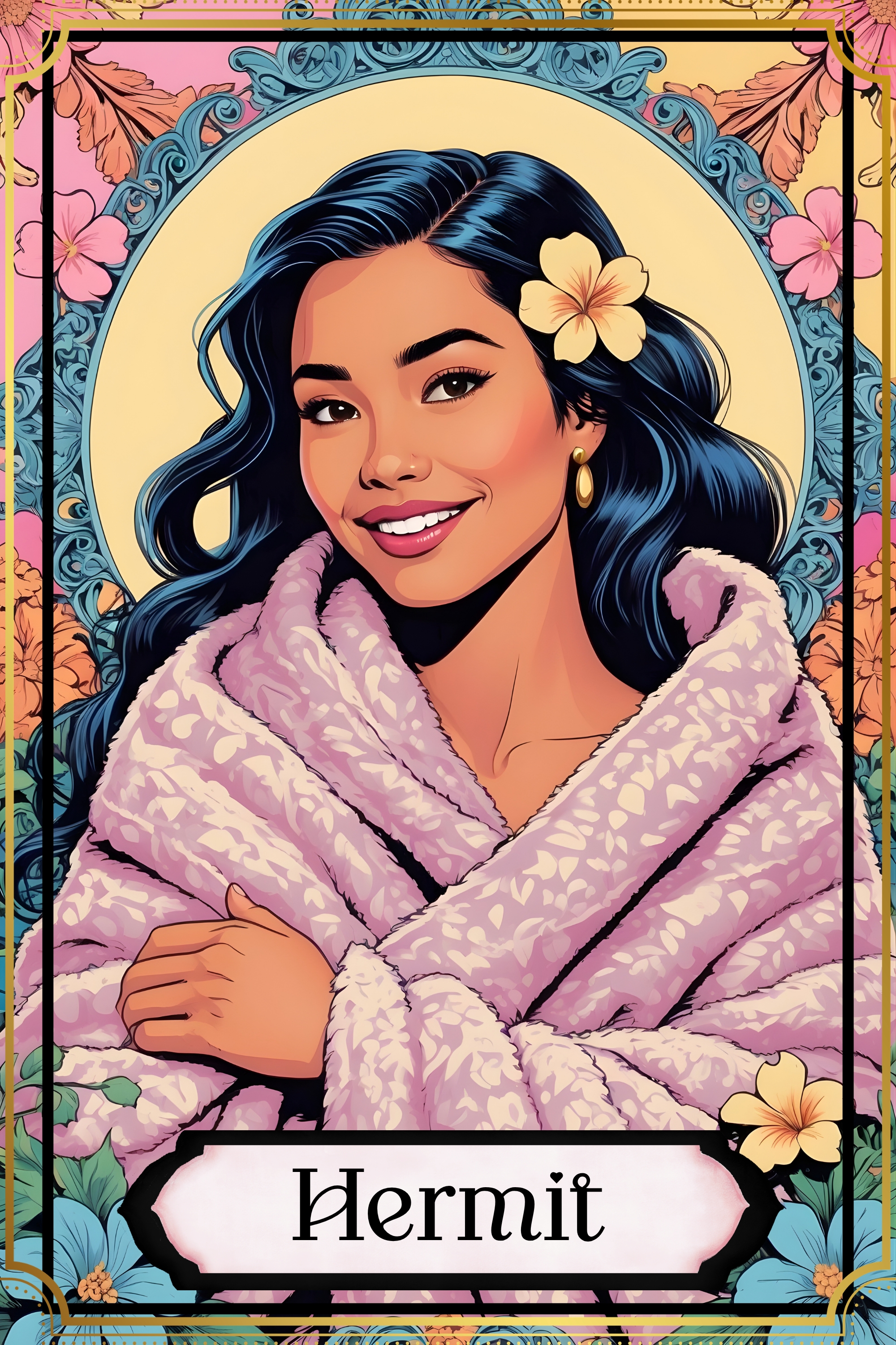 A digital illustration of a woman with long, wavy black hair, smiling, with a yellow flower in her hair. She is wrapped in a soft, pink, textured blanket. The background features a decorative, circular frame with floral accents, including pink and yellow flowers, and the word "Hermit" written at the bottom.