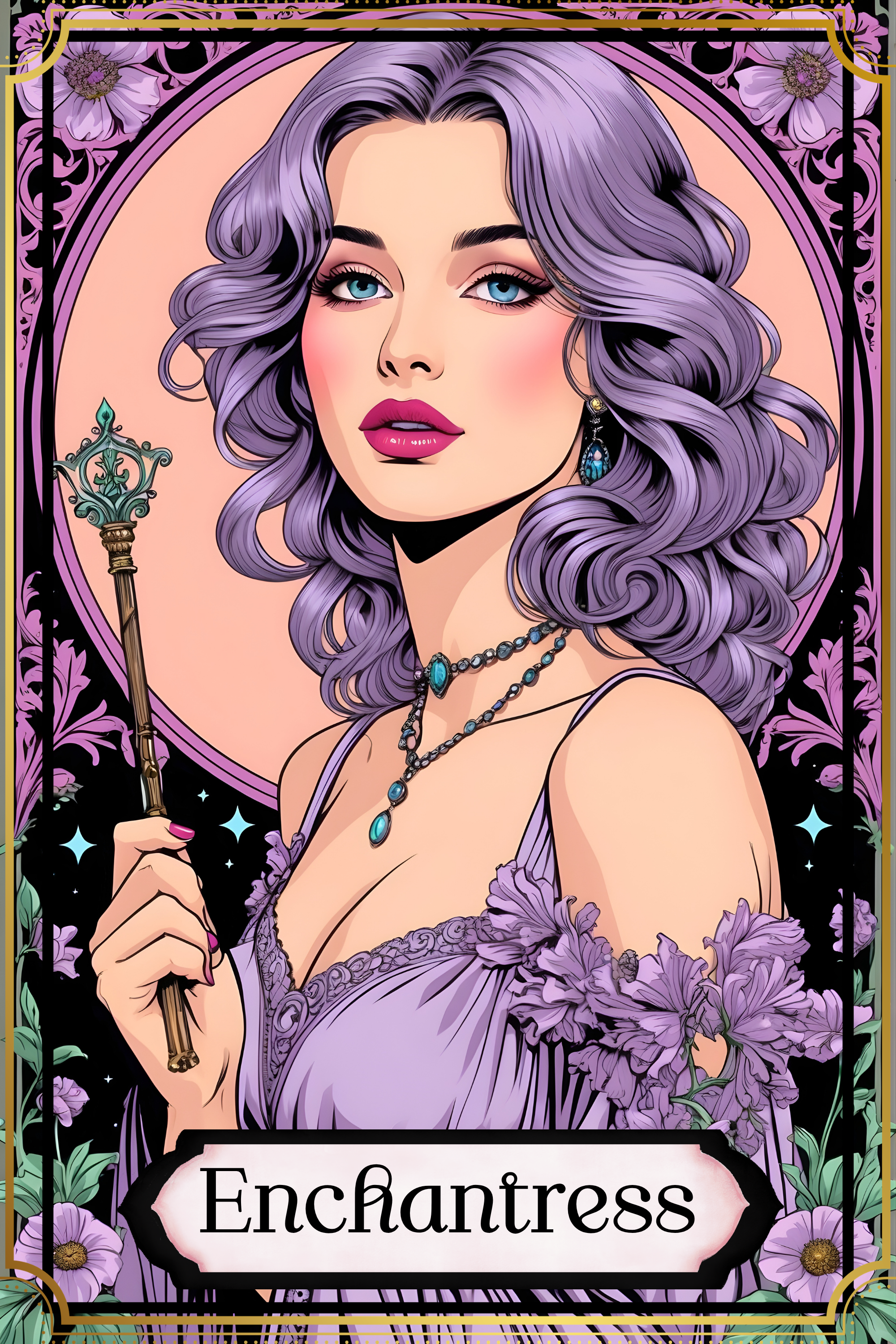 Illustration of a purple-haired woman with blue eyes, holding a staff, surrounded by flowers and ornate border, with the word 'Enchantress' at the bottom.