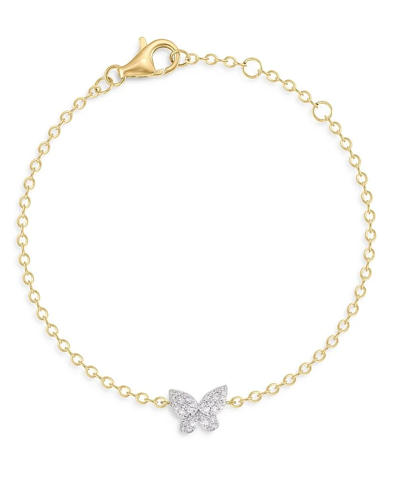 Gold chain bracelet with a butterfly-shaped charm encrusted with small white gemstones.