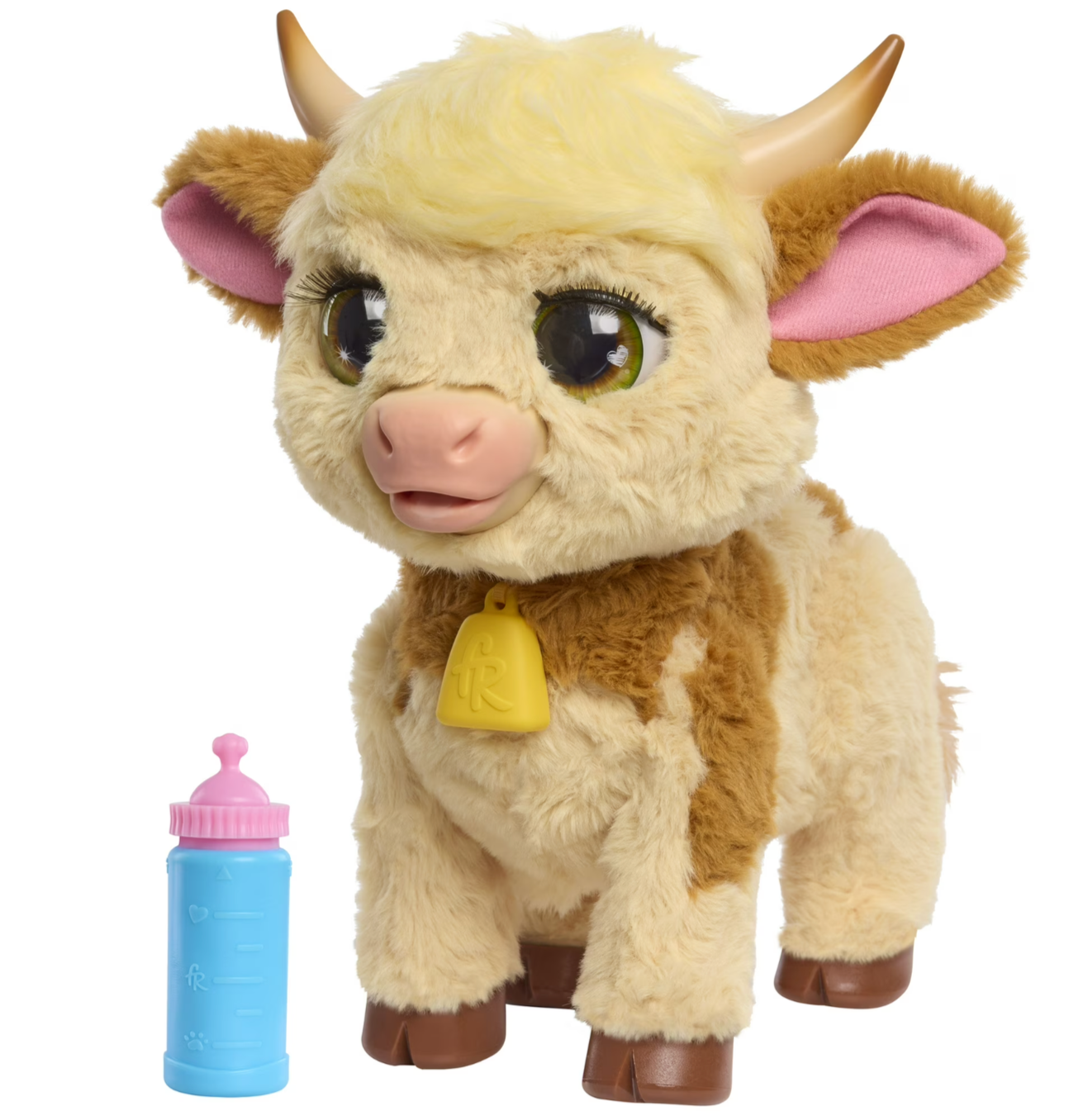A plush toy of a cute, cartoon-style cow with big eyes, pink ears, a yellow bum-bag strap, and brown hooves, sitting next to a blue baby bottle with a pink cap.