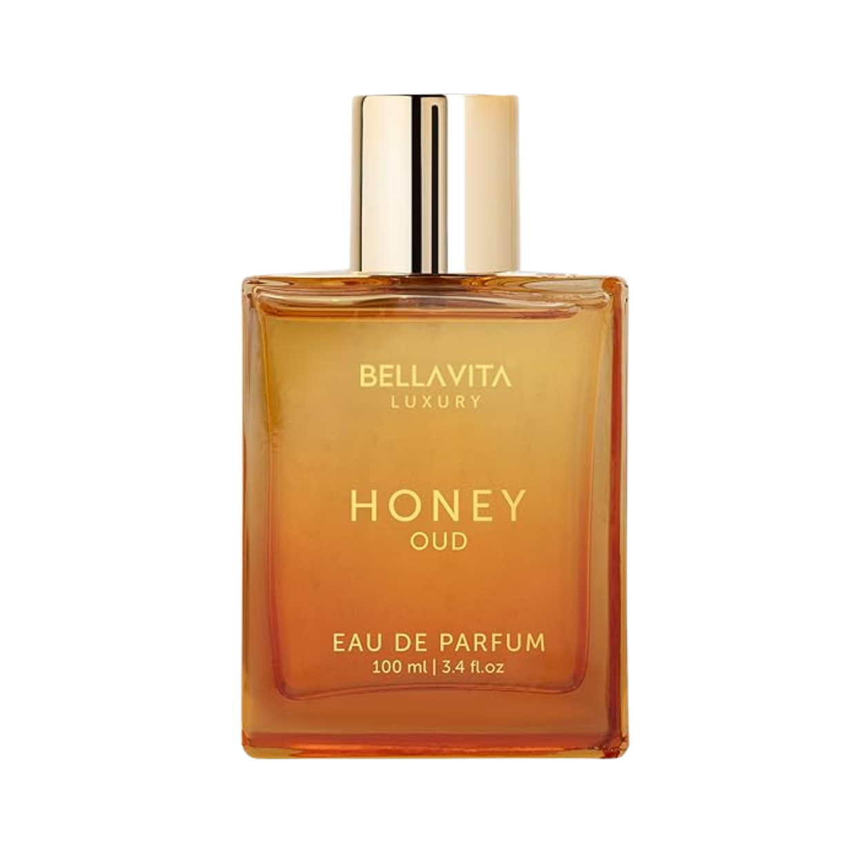 A bottle of Bellavita Luxury Honey Oud Eau de Parfum with a gold cap and a transparent amber-colored body.