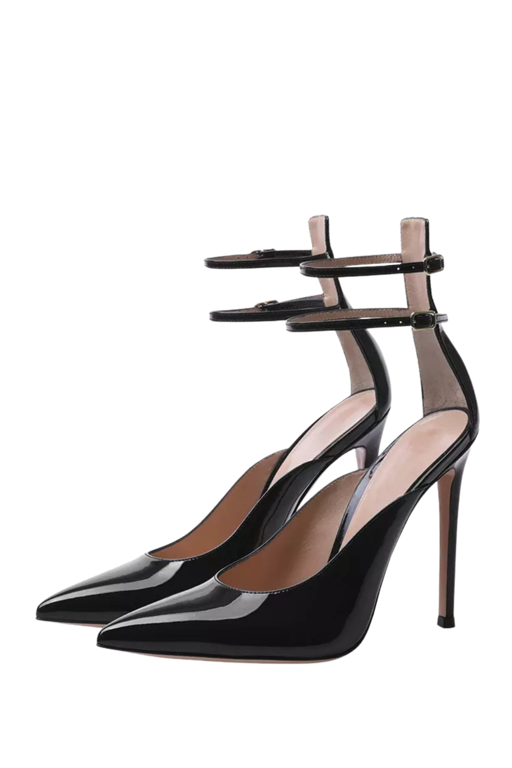 Pair of black high-heeled shoes with ankle straps and pointed toes on a white background.