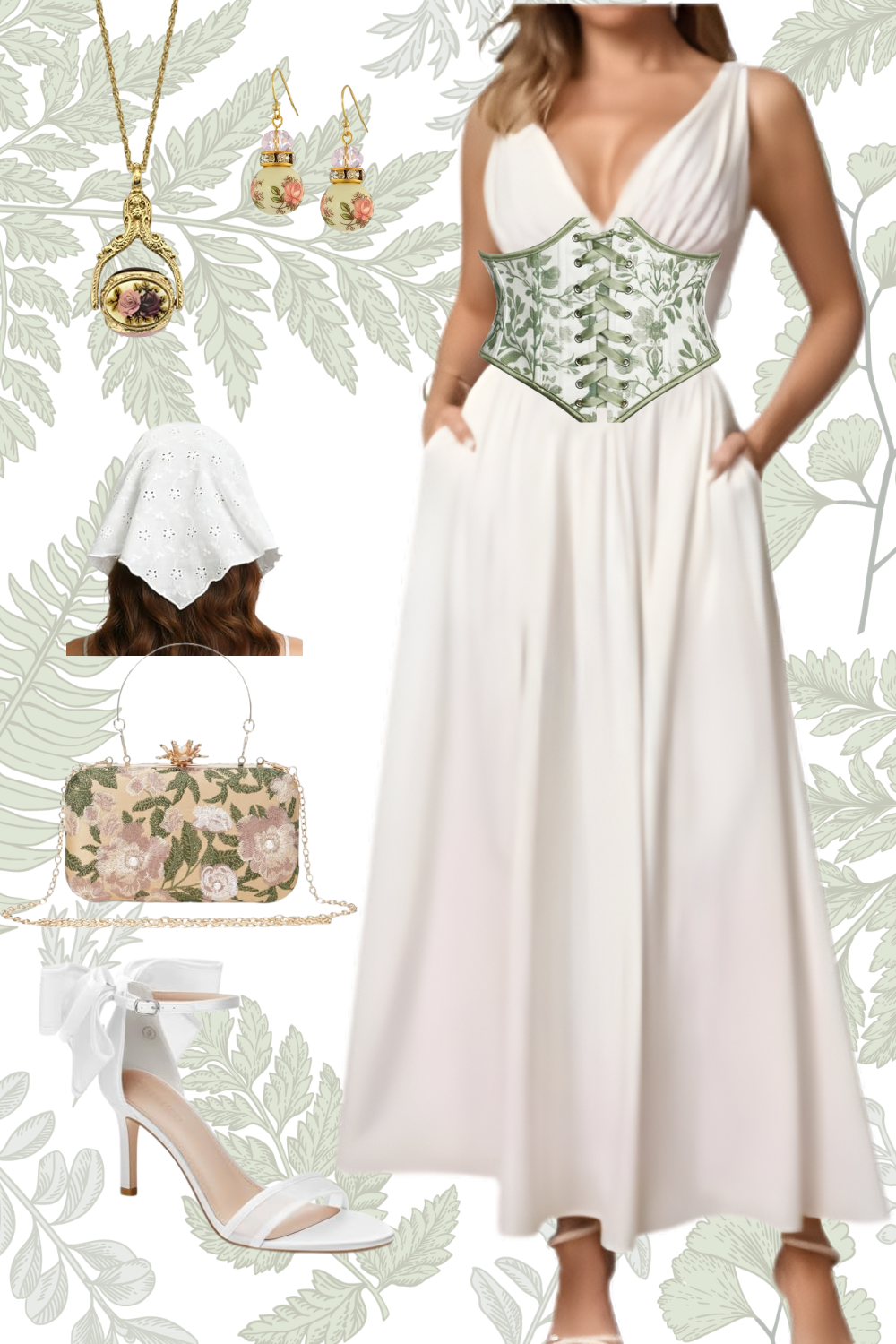 Selected vintage-inspired outfit with a white sleeveless dress, floral corset belt, white high-heeled sandals with ankle ribbons, a floral handbag, and matching floral jewelry set including earrings and a pendant necklace, all set against a leaf-patterned background.