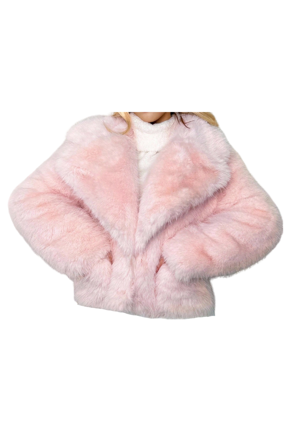 A woman wearing a fluffy pink faux fur coat and a white top.