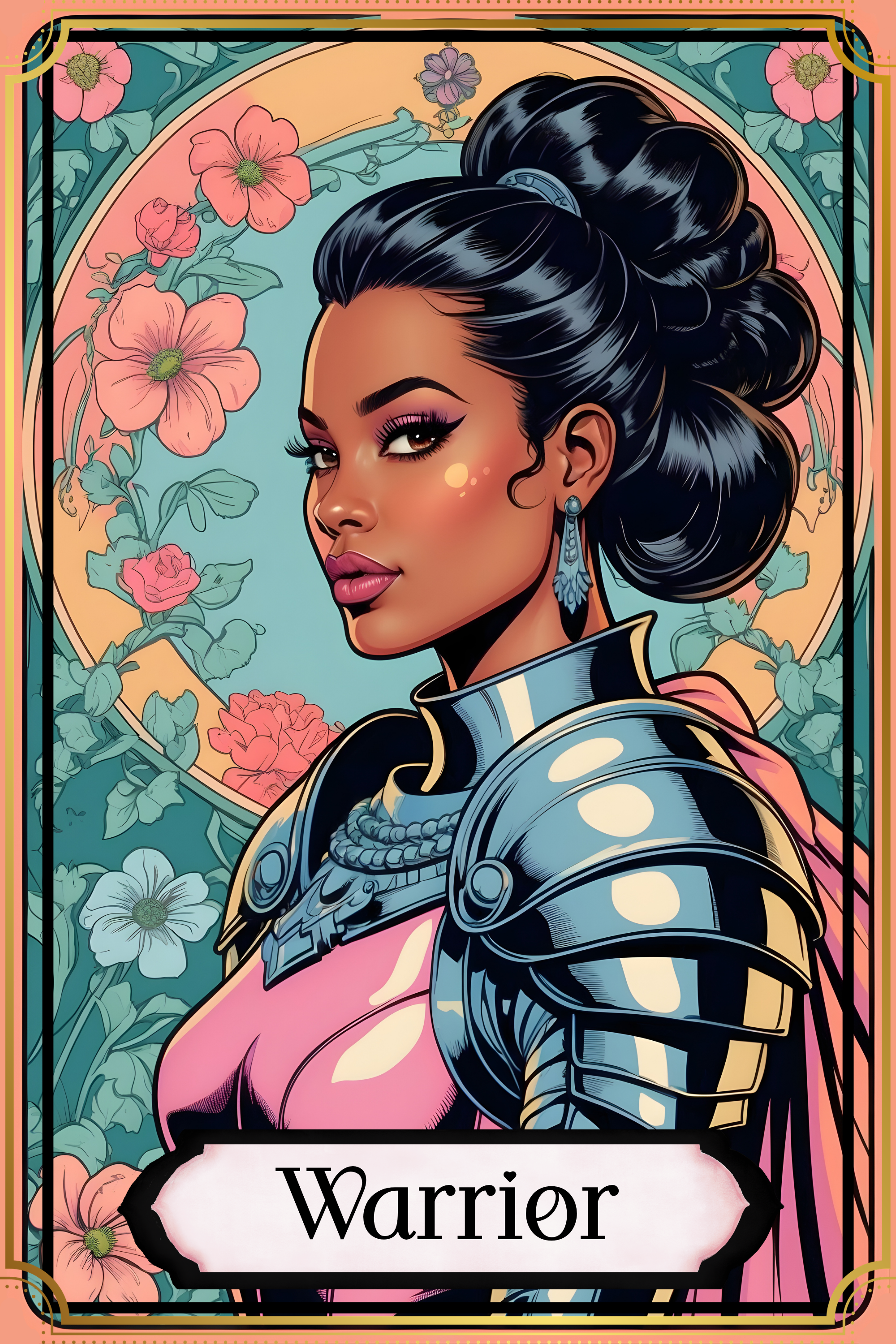 An artistic illustration of a confident woman with dark hair styled in an elaborate updo, wearing pink attire and silver armor, with a floral background and the word "Warrior" at the bottom.