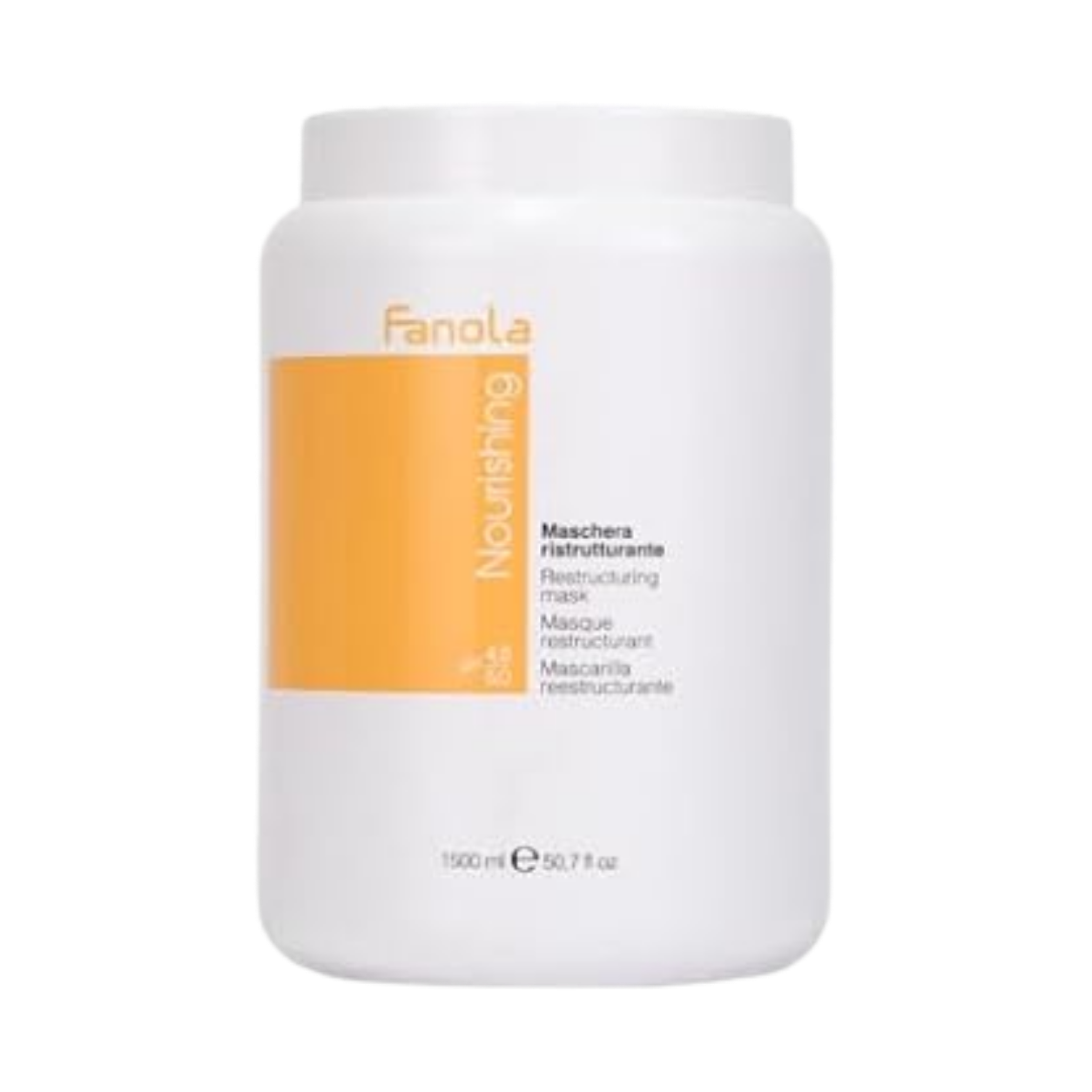A white bottle of Fanola Nourishing Restructuring Mask with orange label.