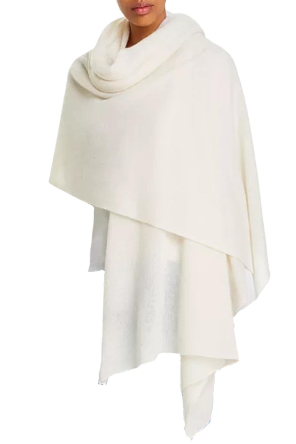 Person wearing a white shawl and dress, with only the lower face and neck visible.