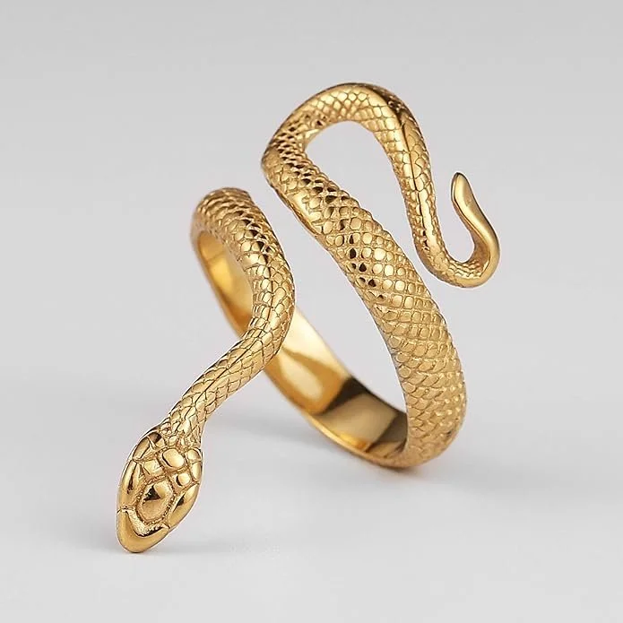 Gold ring designed as a snake with detailed scales and a head and tail, shaped as a snaking band.